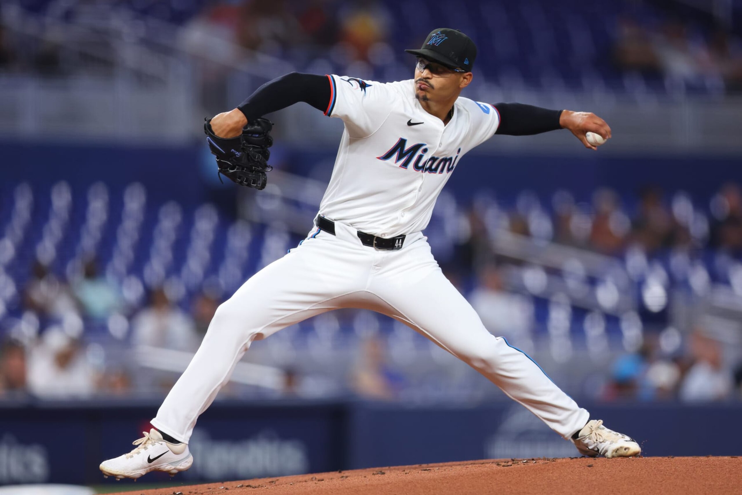 MIAMI, FLORIDA - JUNE 04: Jesús Luzardo #44 of the Miami Marlins pitches against the Tampa Bay Rays during the first inning of the game at loanDepot park on June 04, 2024 in Miami, Florida. (Photo by Megan Briggs/Getty Images)