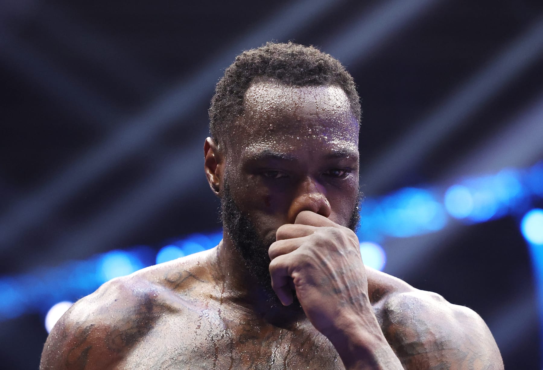 RIYADH, SAUDI ARABIA - JUNE 01: Deontay Wilder of Team Matchroom reacts after being knocked down by Zhilei Zhang of Team Queensberry during the Heavyweight fight between Deontay Wilder of Team Matchroom and Zhilei Zhang of Team Queensberry on the 5v5: Queensberry v Matchroom Fight Night card at Kingdom Arena on June 01, 2024 in Riyadh, Saudi Arabia. (Photo by Richard Pelham/Getty Images)