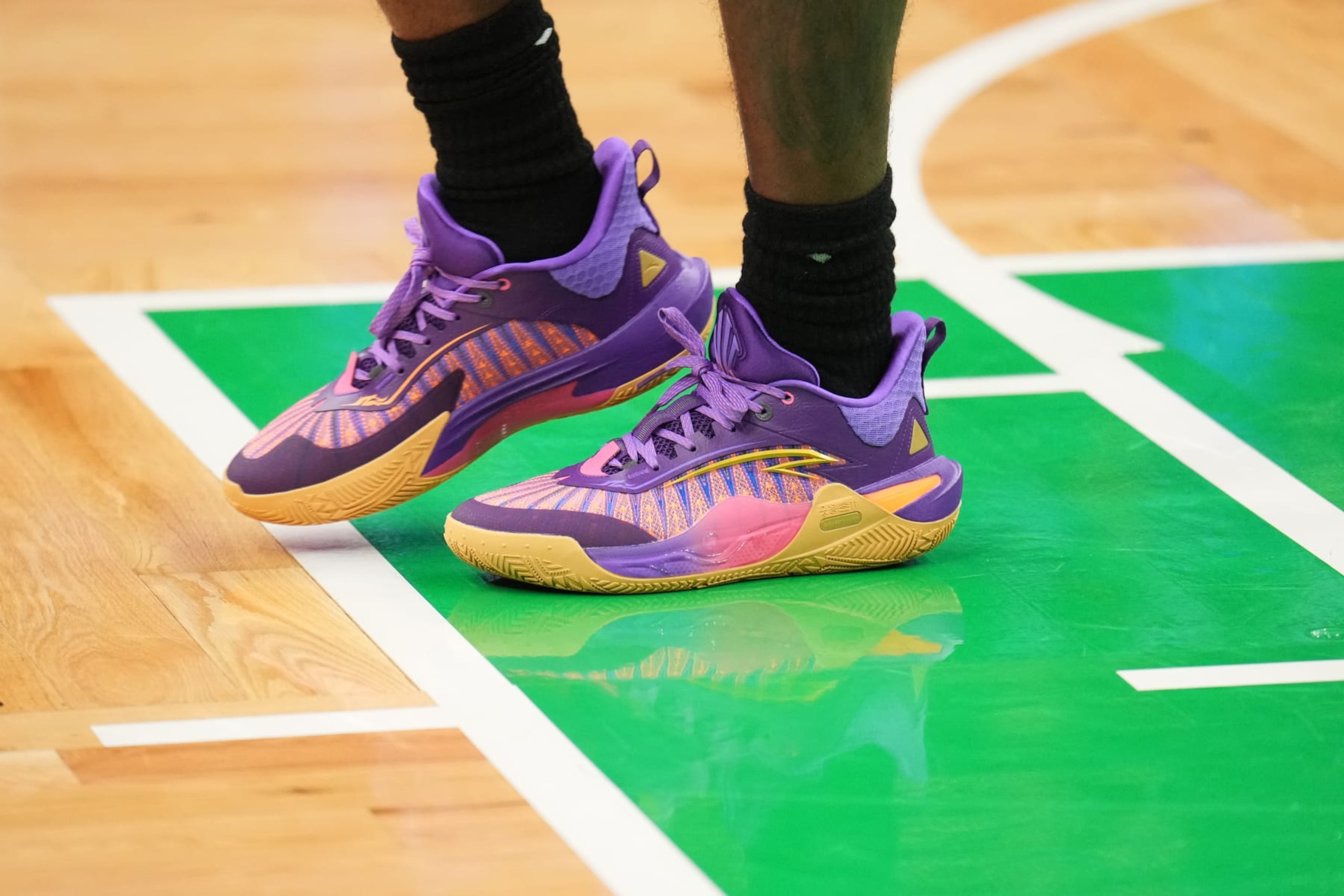 BOSTON, MA - JUNE 6: The sneakers worn by Kyrie Irving #11 of the Dallas Mavericks before the game against the Boston Celtics during Game 1 of the 2024 NBA Finals on June 6, 2024 at the TD Garden in Boston, Massachusetts. NOTE TO USER: User expressly acknowledges and agrees that, by downloading and or using this photograph, User is consenting to the terms and conditions of the Getty Images License Agreement. Mandatory Copyright Notice: Copyright 2024 NBAE (Photo by Jesse D. Garrabrant/NBAE via Getty Images) BOSTON, MA - JUNE 6: The sneakers worn by Kyrie Irving #11 of the Dallas Mavericks before the game against the Boston Celtics during Game 1 of the 2024 NBA Finals on June 6, 2024 at the TD Garden in Boston, Massachusetts. NOTE TO USER: User expressly acknowledges and agrees that, by downloading and or using this photograph, User is consenting to the terms and conditions of the Getty Images License Agreement. Mandatory Copyright Notice: Copyright 2024 NBAE (Photo by Jesse D. Garrabrant/NBAE via Getty Images)
