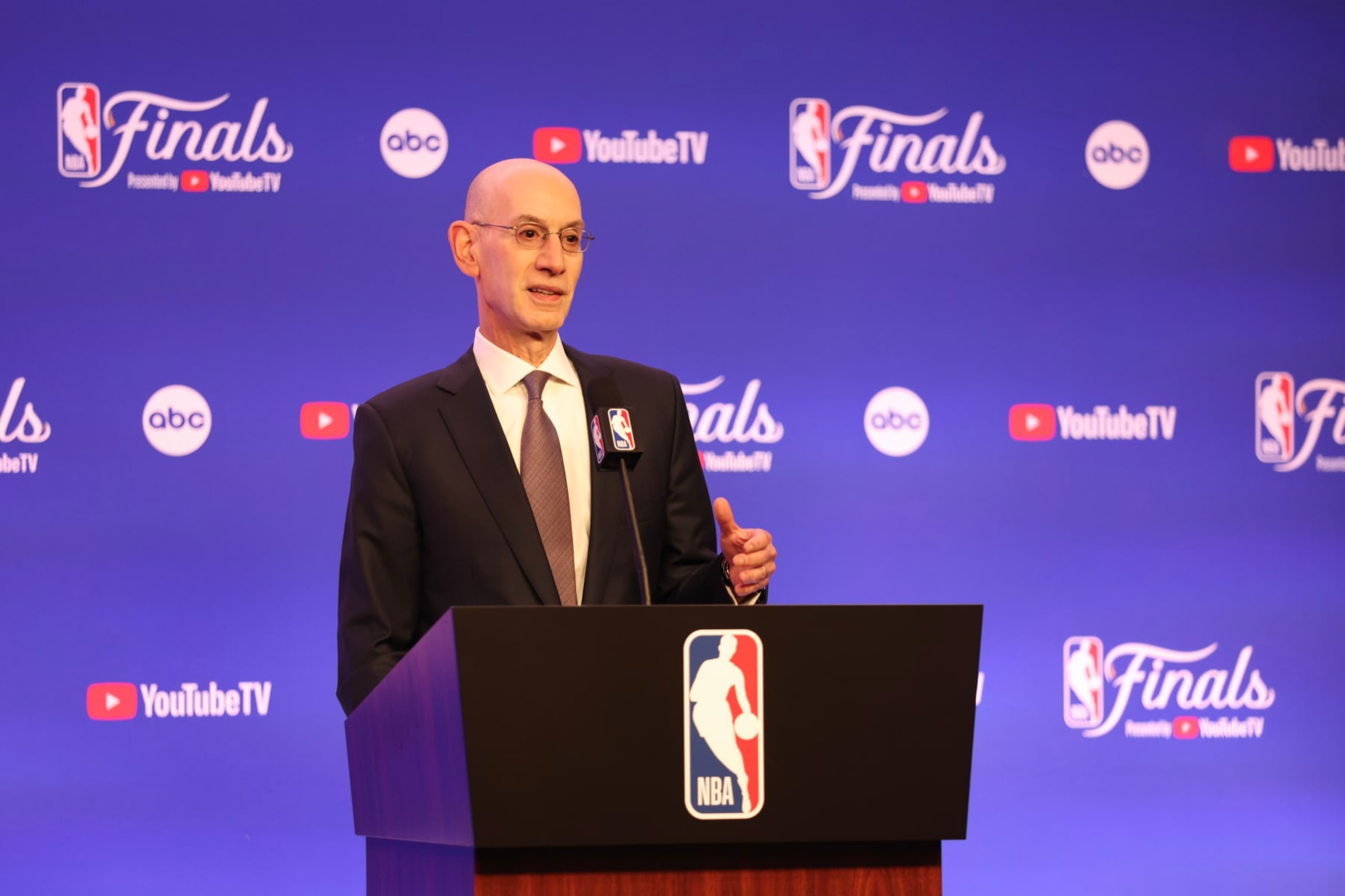 BOSTON, MASSACHUSETTS - JUNE 06: NBA Commissioner Adam Silver speaks at a press conference prior to Game One of the 2024 NBA Finals between the Dallas Mavericks and Boston Celtics at TD Garden on June 06, 2024 in Boston, Massachusetts. NOTE TO USER: User expressly acknowledges and agrees that, by downloading and or using this photograph, User is consenting to the terms and conditions of the Getty Images License Agreement. (Photo by Adam Glanzman/Getty Images)