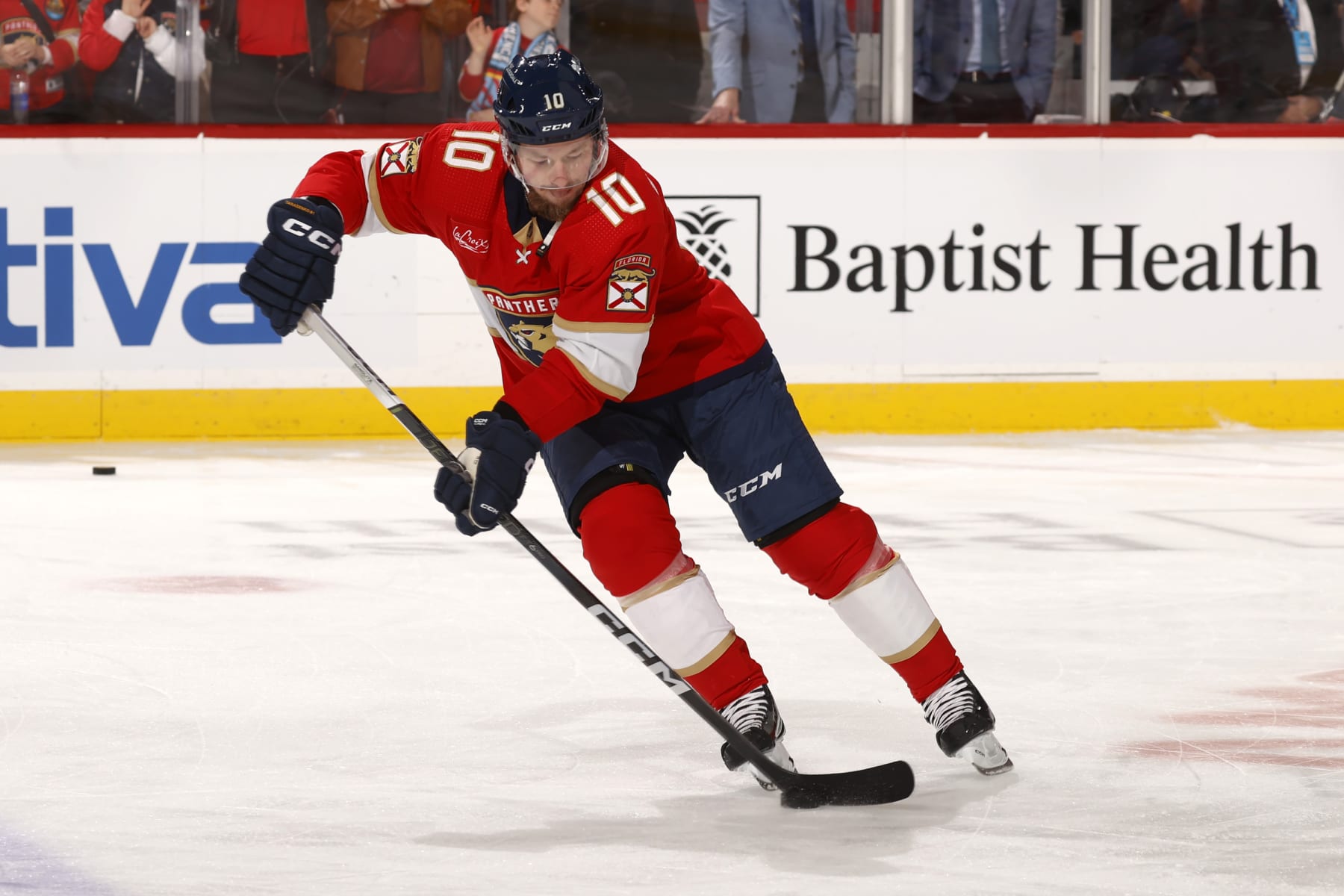 SUNRISE, FLORIDA - JUNE 1: Vladimir Tarasenko #10 of the Florida Panthers warms up on the ice prior to the start of the game against the New York Rangers in Game Six of the Eastern Conference Final at the Amerant Bank Arena on June 1, 2024 in Sunrise, Florida. (Photo by Eliot J. Schechter/NHLI via Getty Images)