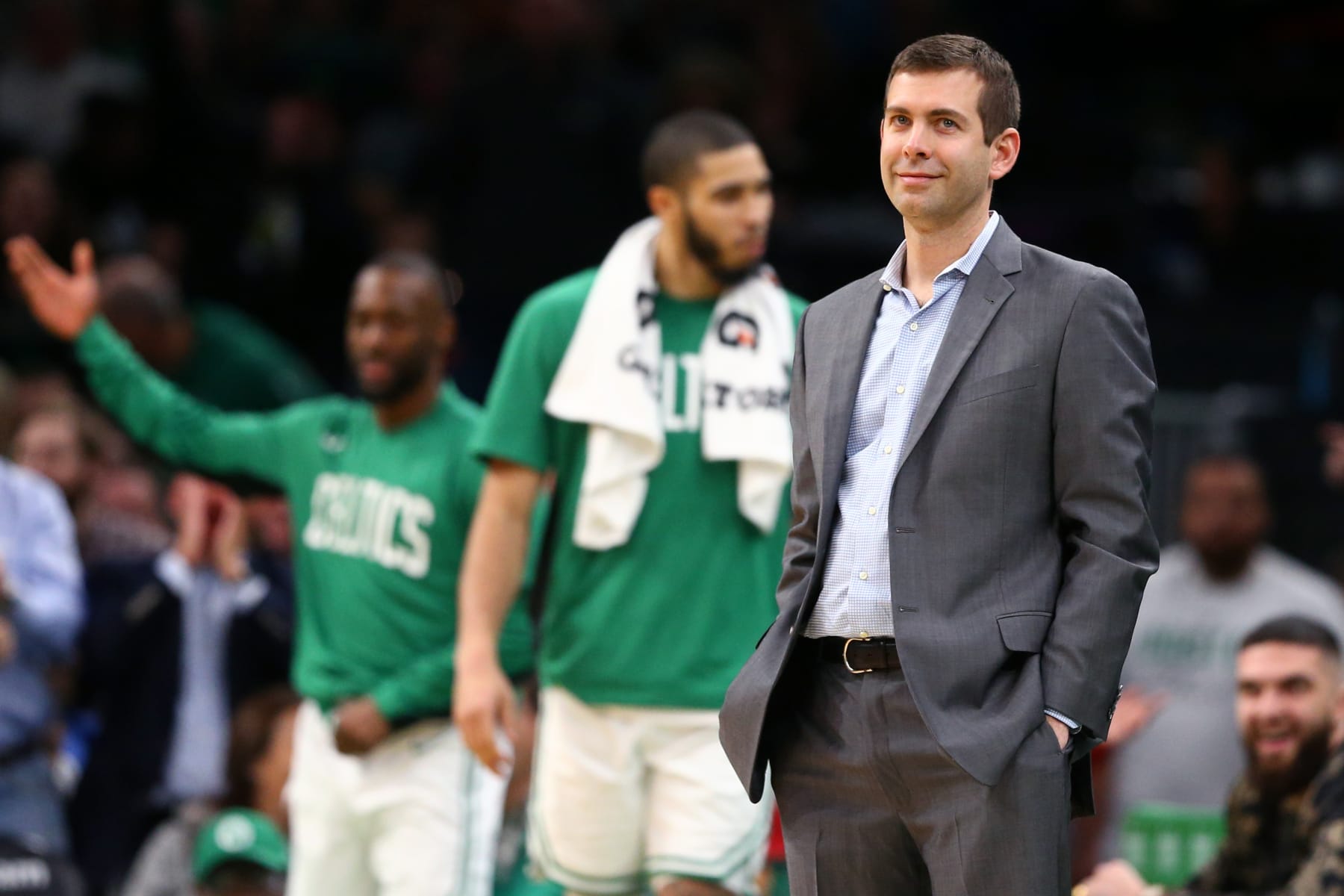 Kemba Walker, Jayson Tatum and Brad Stevens