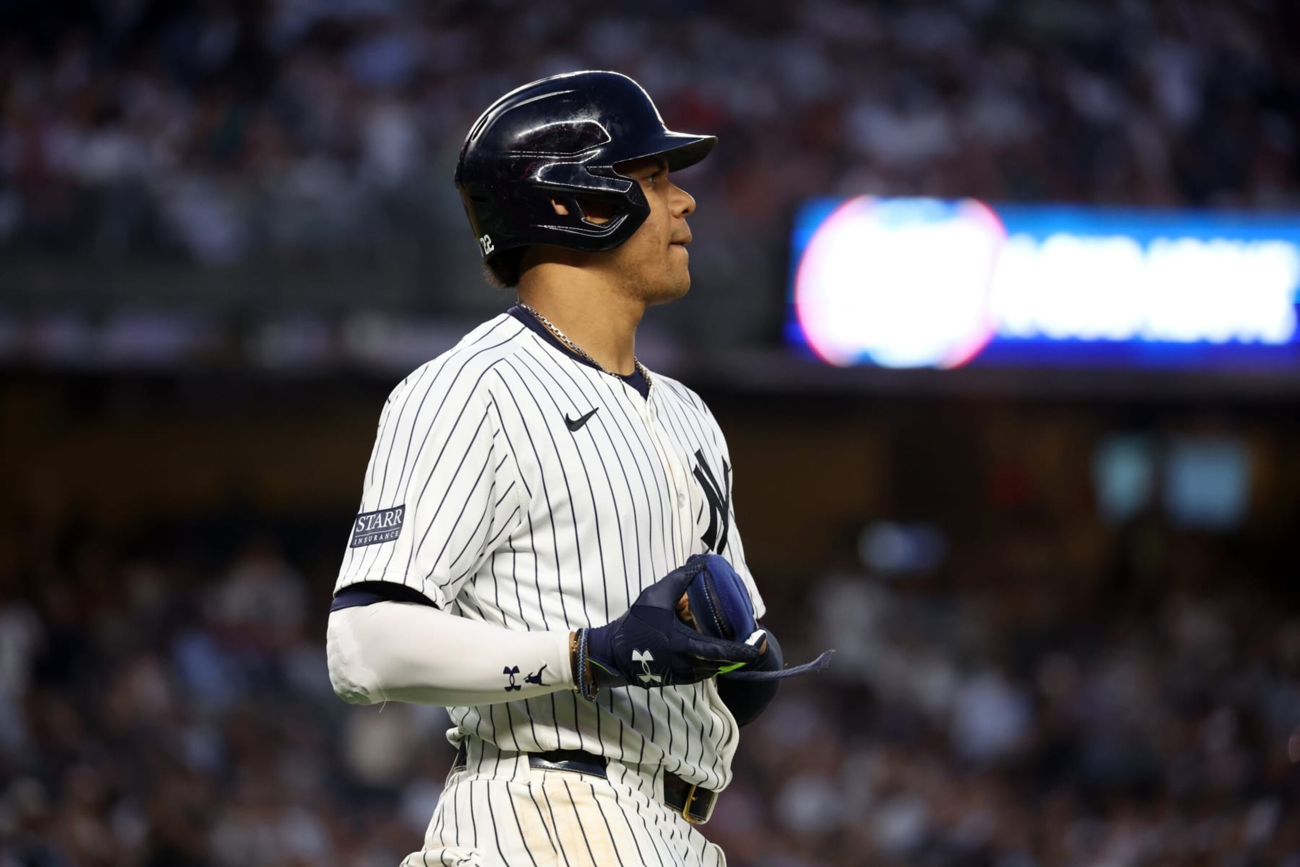NEW YORK, NY - JUNE 5: Juan Soto #22 of the New York Yankees looks on during the game against the Minnesota Twins at Yankee Stadium on June 5, 2024, in New York, New York. (Photo by New York Yankees/Getty Images)