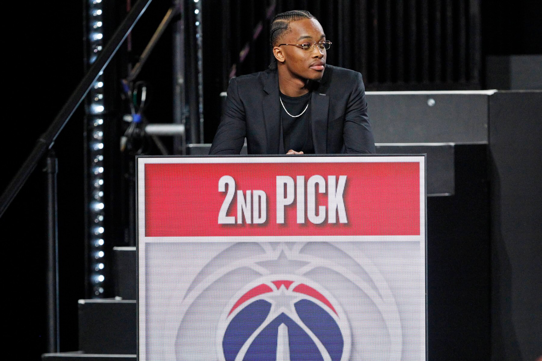 CHICAGO, IL -  MAY 12: Bilal Coulibaly #0 of the Washington Wizards looks on after winning the 2nd overall pick during the 2024 NBA Draft Lottery on May 12, 2024 at the McCormick Convention Center in Chicago, IL. NOTE TO USER: User expressly acknowledges and agrees that, by downloading and or using this photograph, User is consenting to the terms and conditions of the Getty Images License Agreement. Mandatory Copyright Notice: Copyright 2024 NBAE (Photo by Kena Krutsinger/NBAE via Getty Images)