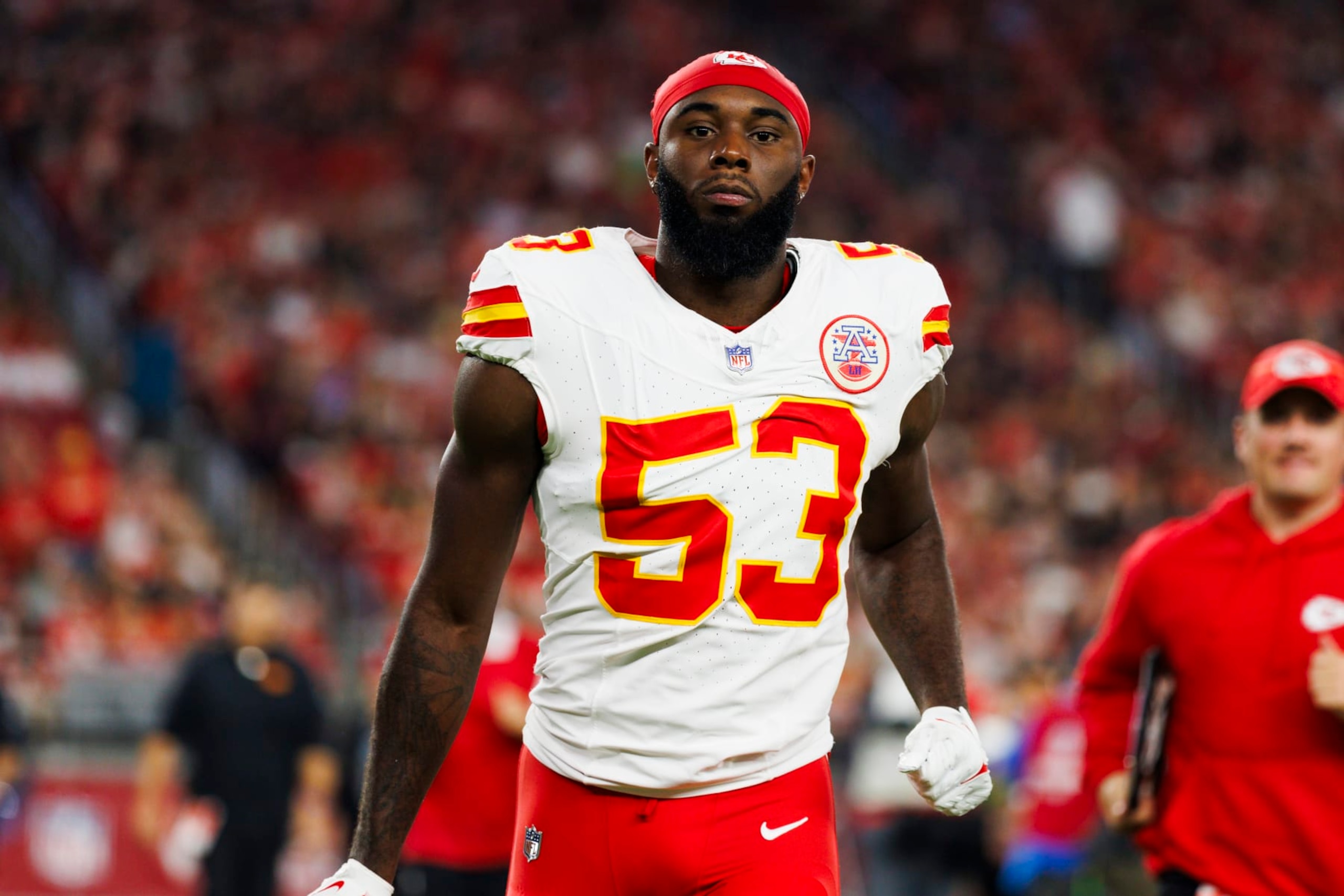 GLENDALE, ARIZONA - AUGUST 19: BJ Thompson #53 of the Kansas City Chiefs walks off the field during a game against the Arizona Cardinals at State Farm Stadium on August 19, 2023 in Glendale, Arizona. (Photo by Ric Tapia/Getty Images) GLENDALE, ARIZONA - AUGUST 19: BJ Thompson #53 of the Kansas City Chiefs walks off the field during a game against the Arizona Cardinals at State Farm Stadium on August 19, 2023 in Glendale, Arizona. (Photo by Ric Tapia/Getty Images)