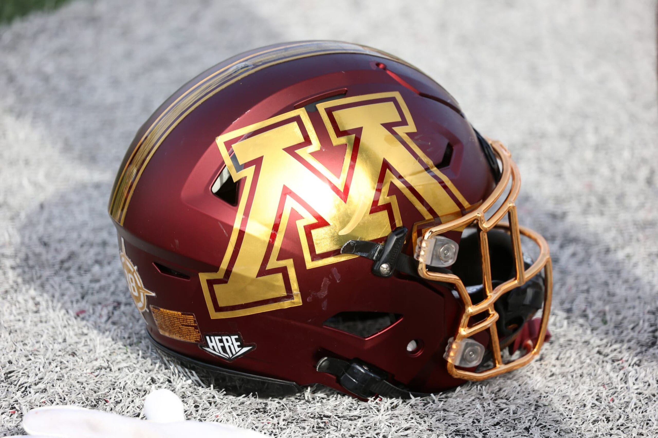 MOBILE, AL - FEBRUARY 01: A general view of a Minnesota Golden Gophers helmet during the National team practice for the Reese's Senior Bowl on February 1, 2024 at Hancock Whitney Stadium in Mobile, Alabama.  (Photo by Michael Wade/Icon Sportswire via Getty Images)