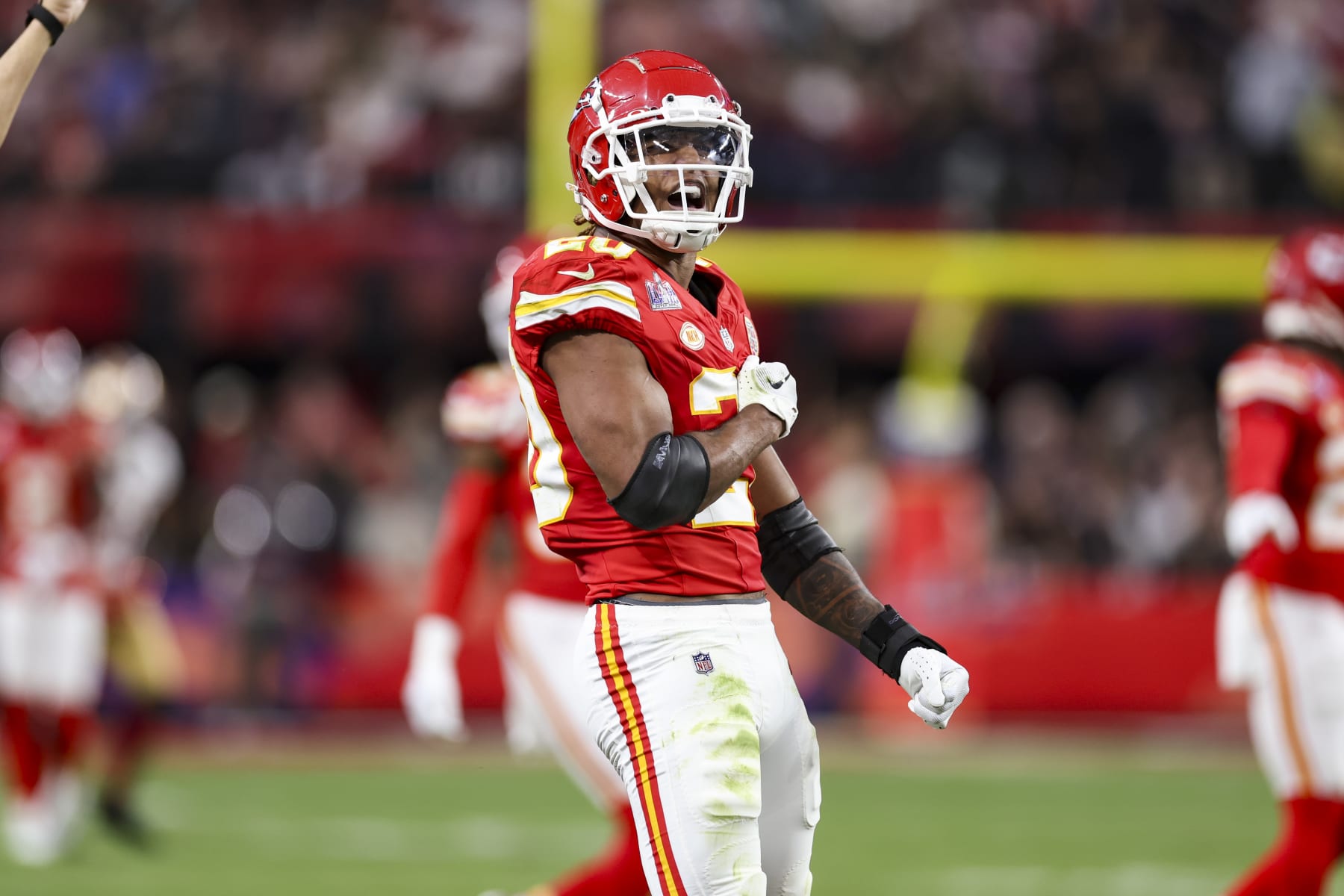 LAS VEGAS, NV - FEBRUARY 11: Justin Reid #20 of the Kansas City Chiefs celebrates after making a play during Super Bowl LVIII against the San Francisco 49ers at Allegiant Stadium on February 11, 2024 in Las Vegas, NV. (Photo by Perry Knotts/Getty Images)