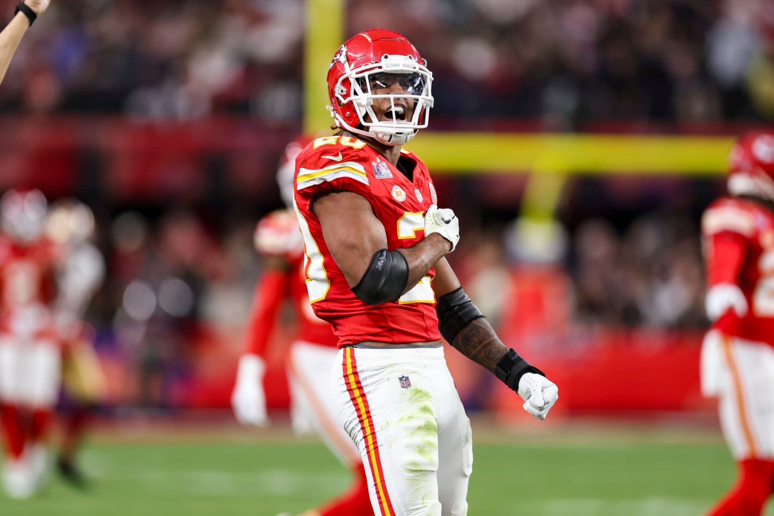 LAS VEGAS, NV - FEBRUARY 11: Justin Reid #20 of the Kansas City Chiefs celebrates after making a play during Super Bowl LVIII against the San Francisco 49ers at Allegiant Stadium on February 11, 2024 in Las Vegas, NV. (Photo by Perry Knotts/Getty Images) LAS VEGAS, NV - FEBRUARY 11: Justin Reid #20 of the Kansas City Chiefs celebrates after making a play during Super Bowl LVIII against the San Francisco 49ers at Allegiant Stadium on February 11, 2024 in Las Vegas, NV. (Photo by Perry Knotts/Getty Images)