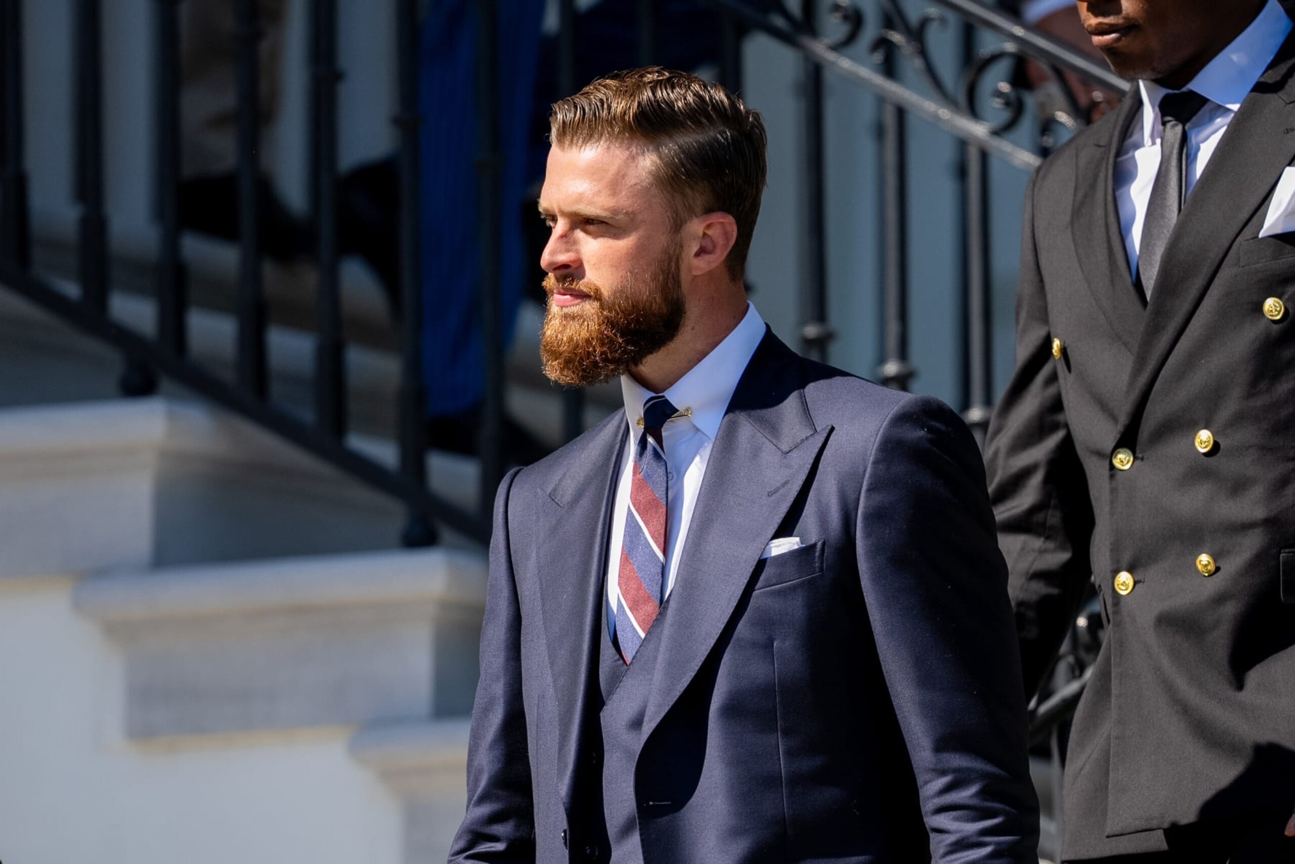 WASHINGTON, DC - MAY 31:  NFL Super Bowl champion Kansas City Chiefs team kicker Harrison Butker joins his teammates for a celebration on the South Lawn of the White House on May 31, 2024 in Washington, DC. President Biden hosted the Chiefs to honor their 2024 Super Bowl win. (Photo by Andrew Harnik/Getty Images)