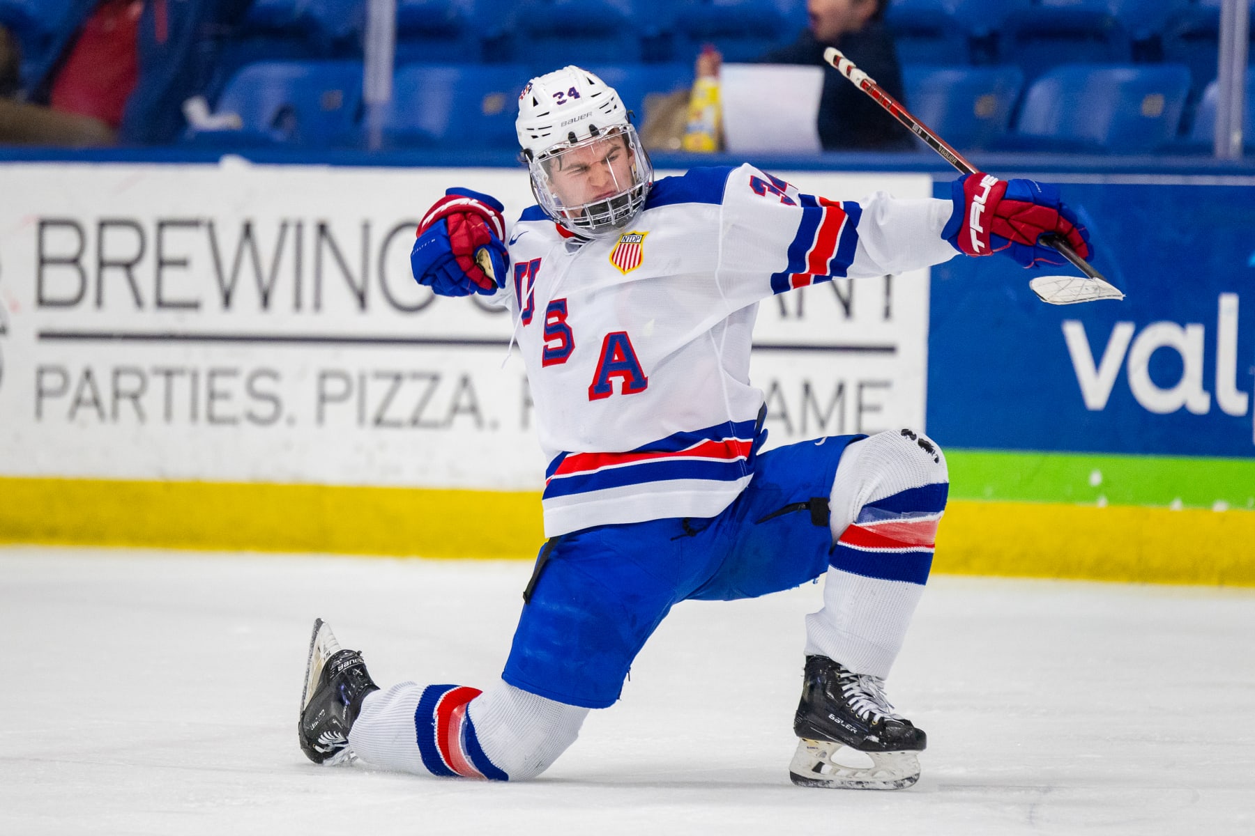 PLYMOUTH, MI - FEBRUARY 7: Cole Eiserman #34 of Team USA celebrates his goal during U18 Five Nations Tournament between Team Finland and Team USA at USA Hockey Arena on February 7, 2024 in Plymouth, Michigan. (Photo by Michael Miller/ISI Photos/Getty Images)