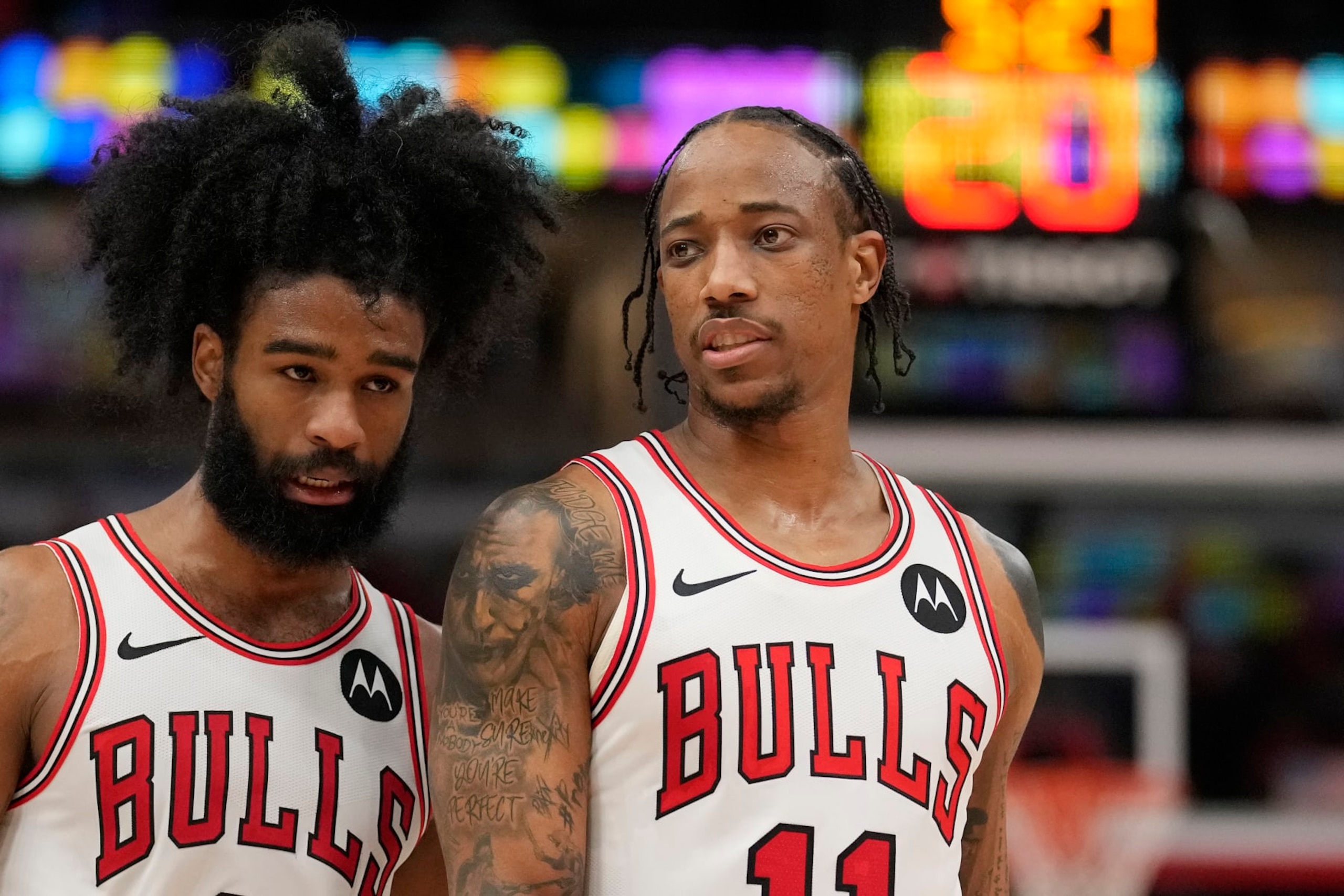 CHICAGO, ILLINOIS - MARCH 27: Coby White #0 and DeMar DeRozan #11 of the Chicago Bulls talk during the second half against the Indiana Pacers at the United Center on March 27, 2024 in Chicago, Illinois. NOTE TO USER: User expressly acknowledges and agrees that, by downloading and or using this photograph, User is consenting to the terms and conditions of the Getty Images License Agreement. (Photo by Patrick McDermott/Getty Images) CHICAGO, ILLINOIS - MARCH 27: Coby White #0 and DeMar DeRozan #11 of the Chicago Bulls talk during the second half against the Indiana Pacers at the United Center on March 27, 2024 in Chicago, Illinois. NOTE TO USER: User expressly acknowledges and agrees that, by downloading and or using this photograph, User is consenting to the terms and conditions of the Getty Images License Agreement. (Photo by Patrick McDermott/Getty Images)