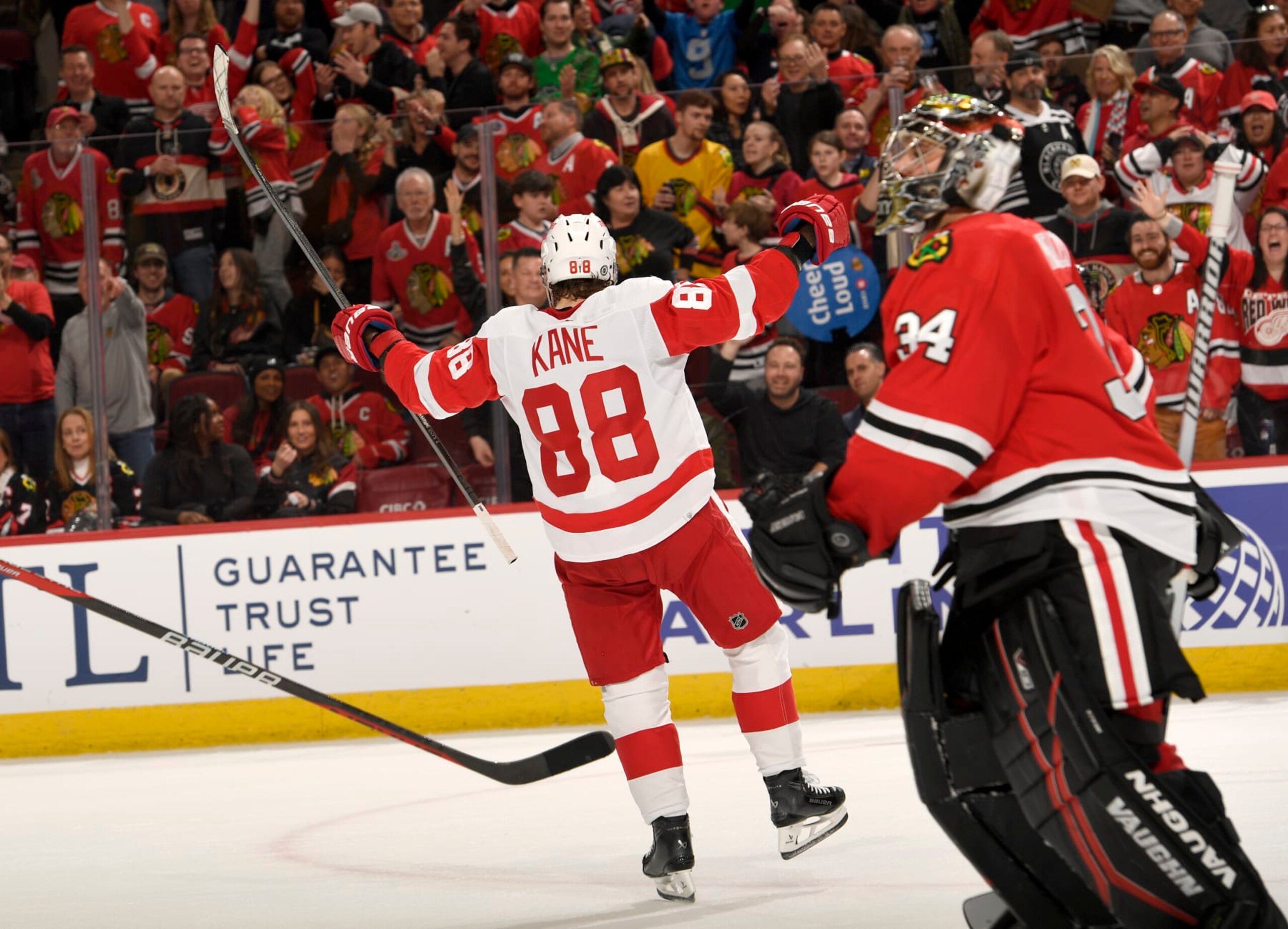 CHICAGO, ILLINOIS - FEBRUARY 25: Patrick Kane #88 of the Detroit Red Wings reacts after scoring in overtime against the Chicago Blackhawks at the United Center on February 25, 2024 in Chicago, Illinois. (Photo by Bill Smith/NHLI via Getty Images) CHICAGO, ILLINOIS - FEBRUARY 25: Patrick Kane #88 of the Detroit Red Wings reacts after scoring in overtime against the Chicago Blackhawks at the United Center on February 25, 2024 in Chicago, Illinois. (Photo by Bill Smith/NHLI via Getty Images)