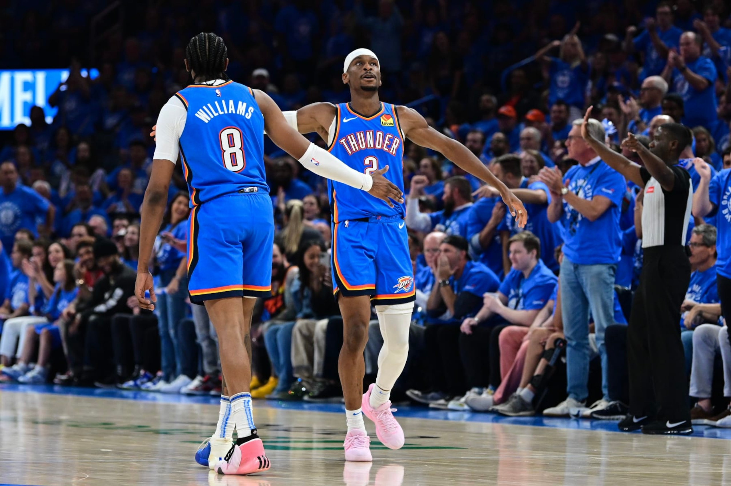 OKLAHOMA CITY, OKLAHOMA - MAY 09: Shai Gilgeous-Alexander #2 and Jalen Williams #8 of the Oklahoma City Thunder react during the second quarter against the Dallas Mavericks in Game Two of the Western Conference Second Round Playoffs at Paycom Center on May 09, 2024 in Oklahoma City, Oklahoma. NOTE TO USER: User expressly acknowledges and agrees that, by downloading and or using this photograph, User is consenting to the terms and conditions of the Getty Images License Agreement. (Photo by Joshua Gateley/Getty Images) OKLAHOMA CITY, OKLAHOMA - MAY 09: Shai Gilgeous-Alexander #2 and Jalen Williams #8 of the Oklahoma City Thunder react during the second quarter against the Dallas Mavericks in Game Two of the Western Conference Second Round Playoffs at Paycom Center on May 09, 2024 in Oklahoma City, Oklahoma. NOTE TO USER: User expressly acknowledges and agrees that, by downloading and or using this photograph, User is consenting to the terms and conditions of the Getty Images License Agreement. (Photo by Joshua Gateley/Getty Images)