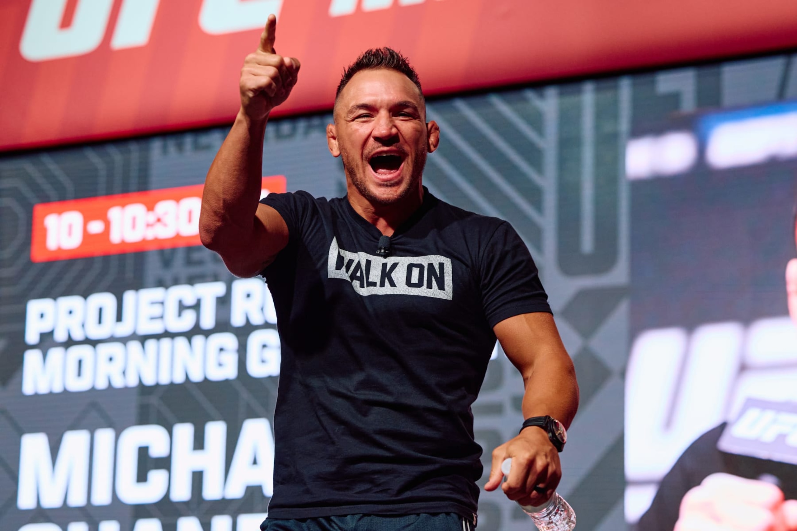 LAS VEGAS, NEVADA - JULY 07: Michael Chandler is seen on stage during UFC X 2023 at the Las Vegas Convention Center on July 07, 2023 in Las Vegas, Nevada. (Photo by Mike Kirschbaum/Zuffa LLC via Getty Images)