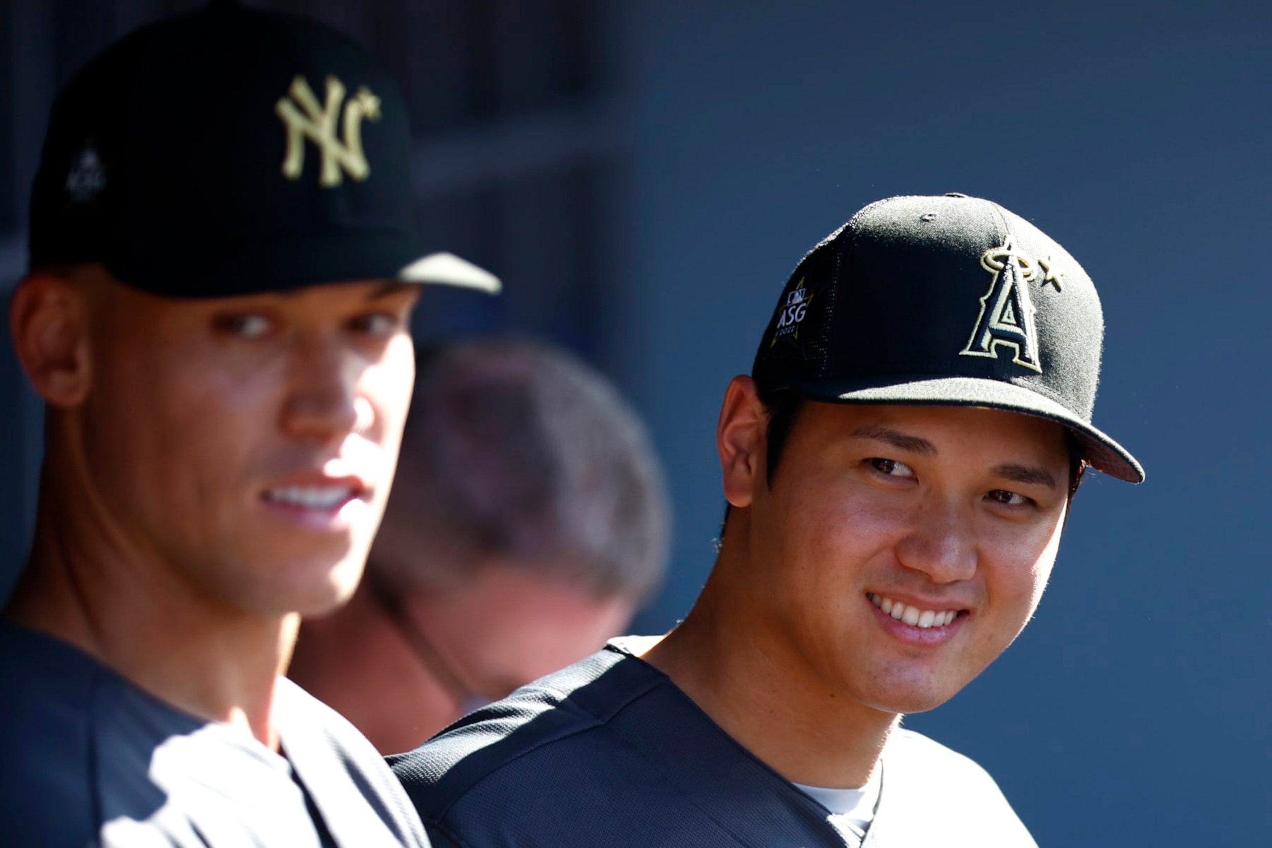 LOS ANGELES, CALIFORNIA - JULY 19: Aaron Judge #99 of the New York Yankees and Shohei Ohtani #17 of the Los Angeles Angels look on from the dugout before the 92nd MLB All-Star Game presented by Mastercard at Dodger Stadium on July 19, 2022 in Los Angeles, California. (Photo by Ronald Martinez/Getty Images) LOS ANGELES, CALIFORNIA - JULY 19: Aaron Judge #99 of the New York Yankees and Shohei Ohtani #17 of the Los Angeles Angels look on from the dugout before the 92nd MLB All-Star Game presented by Mastercard at Dodger Stadium on July 19, 2022 in Los Angeles, California. (Photo by Ronald Martinez/Getty Images)