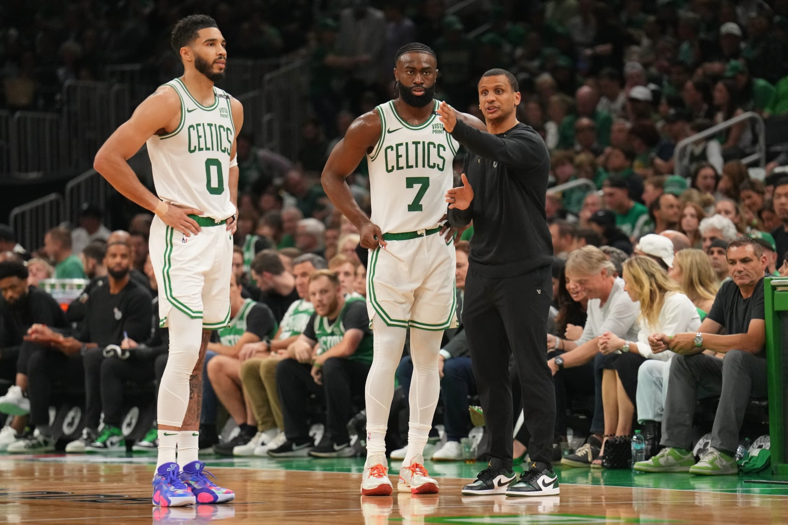 Jayson Tatum, Jaylen Brown and Joe Mazzulla
