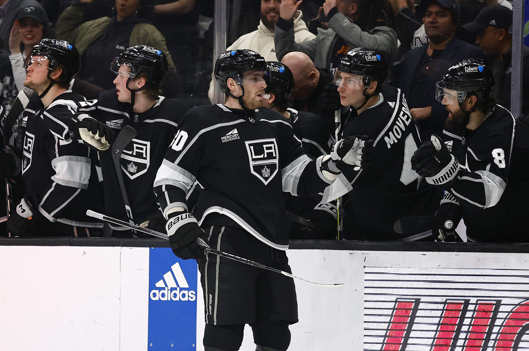 LOS ANGELES, CALIFORNIA - MARCH 07: Pierre-Luc Dubois #80 of the Los Angeles Kings celebrates a goal against the Ottawa Senators in the third period at Crypto.com Arena on March 07, 2024 in Los Angeles, California. (Photo by Ronald Martinez/Getty Images)