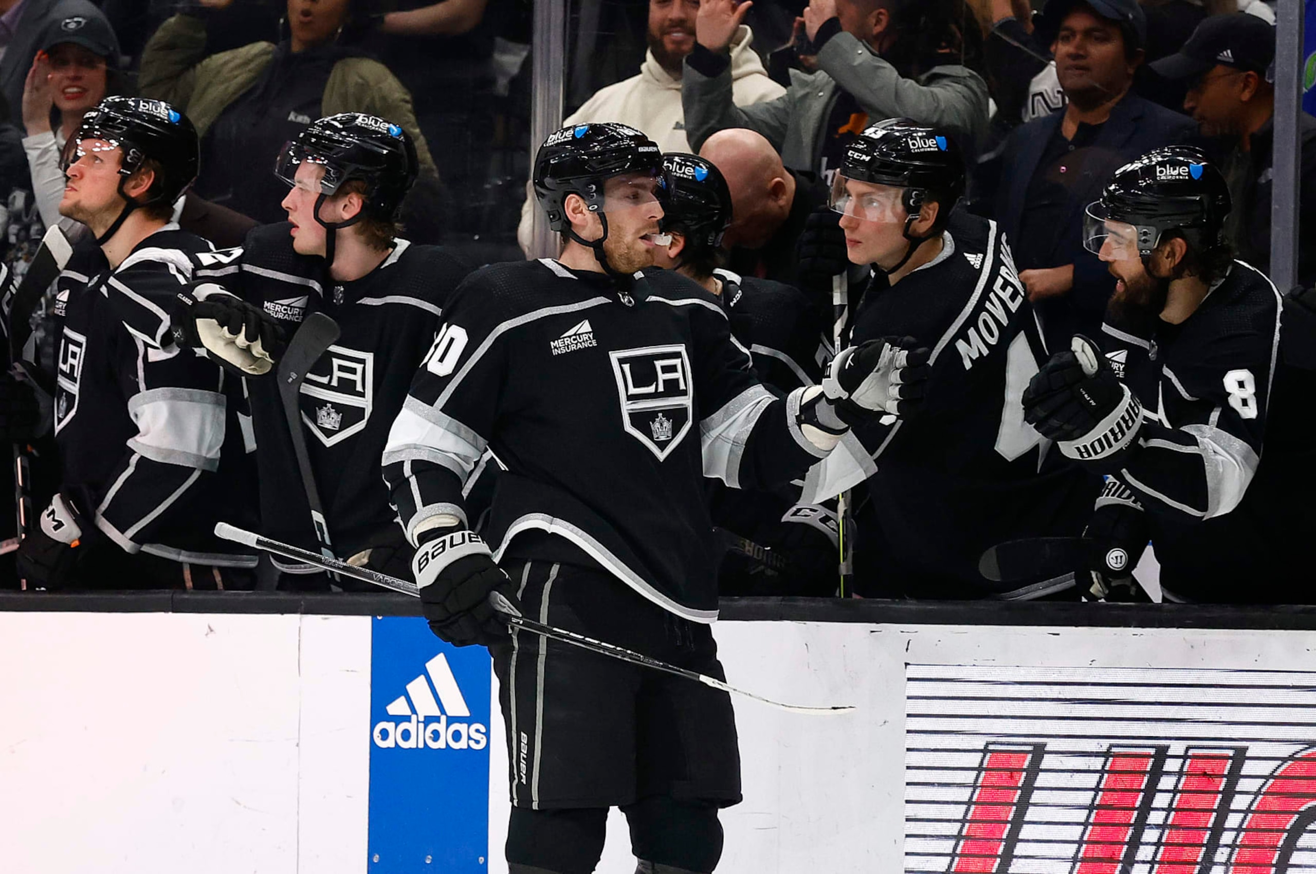 LOS ANGELES, CALIFORNIA - MARCH 07: Pierre-Luc Dubois #80 of the Los Angeles Kings celebrates a goal against the Ottawa Senators in the third period at Crypto.com Arena on March 07, 2024 in Los Angeles, California. (Photo by Ronald Martinez/Getty Images)
