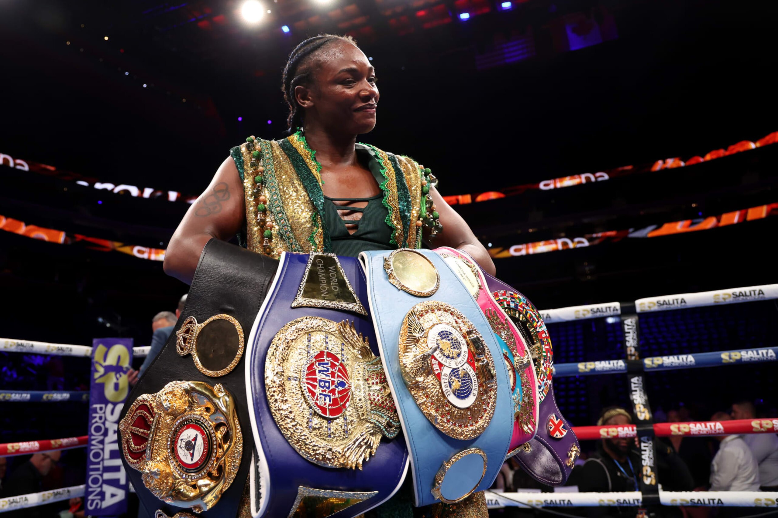 DETROIT, MICHIGAN - JUNE 03: Claressa Shields poses with her belts after her unanimous decision over Maricela Cornejo for the Women's World Middleweight Championship at Little Caesars Arena on June 03, 2023 in Detroit, Michigan. (Photo by Gregory Shamus/Getty Images) DETROIT, MICHIGAN - JUNE 03: Claressa Shields poses with her belts after her unanimous decision over Maricela Cornejo for the Women's World Middleweight Championship at Little Caesars Arena on June 03, 2023 in Detroit, Michigan. (Photo by Gregory Shamus/Getty Images)