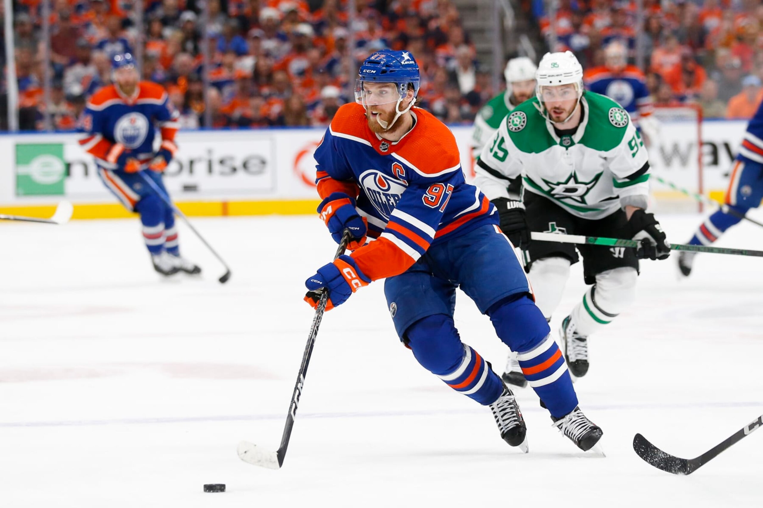 EDMONTON, CANADA - JUNE 02: Connor McDavid #97 of the Edmonton Oilers skates with the puck during the second period against the Dallas Stars in Game Six of the Western Conference Final of the 2024 Stanley Cup Playoffs at Rogers Place on June 02, 2024 in Edmonton, Alberta, Canada. (Photo by Codie McLachlan/Getty Images)