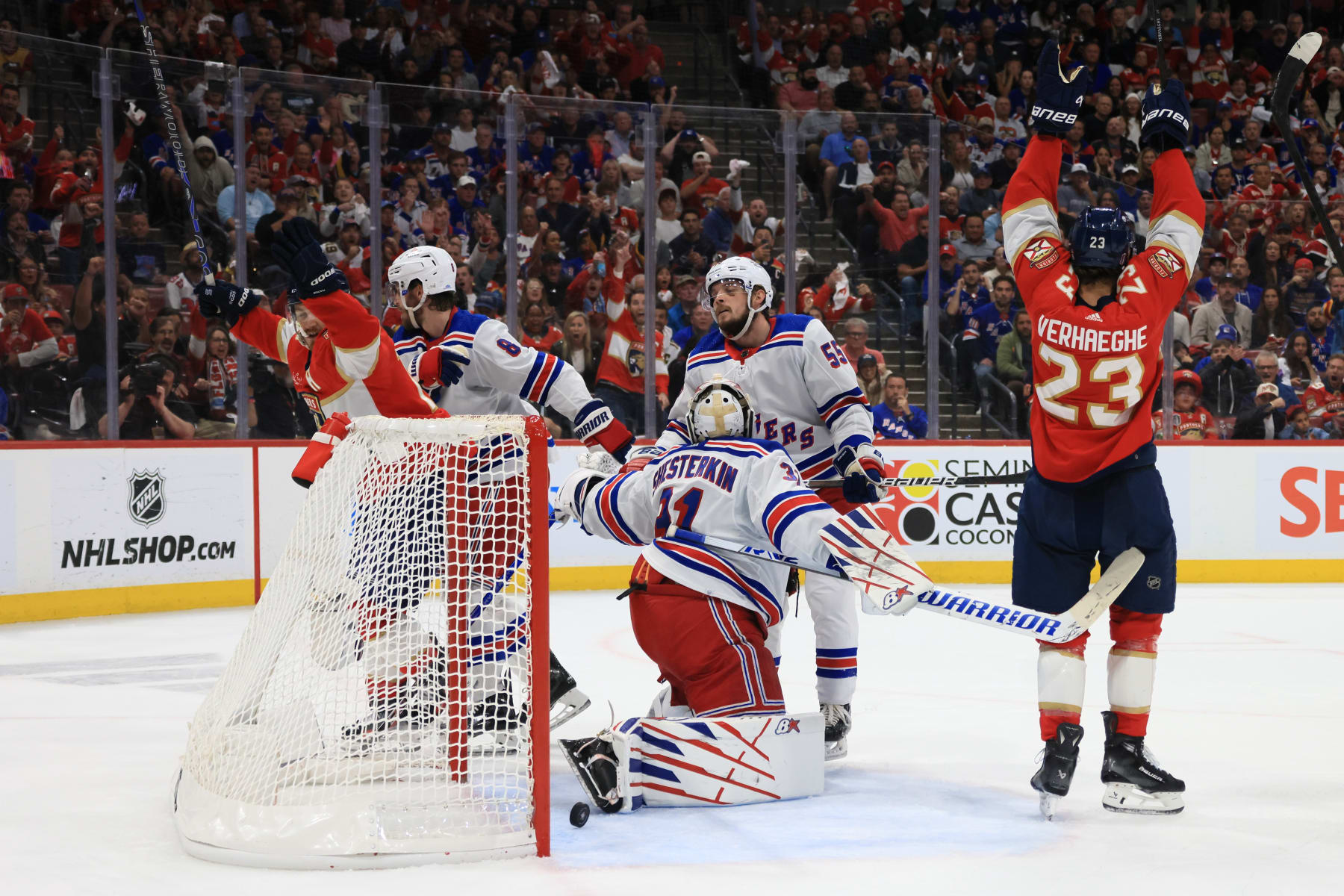 SUNRISE, FLORIDA - MAY 28:  Carter Verhaeghe #23 of the Florida Panthers celebrates after scoring a goal past Igor Shesterkin #31 of the New York Rangers during the second period in Game Four of the Eastern Conference Final of the 2024 Stanley Cup Playoffs at Amerant Bank Arena on May 28, 2024 in Sunrise, Florida.  (Photo by Bruce Bennett/Getty Images)