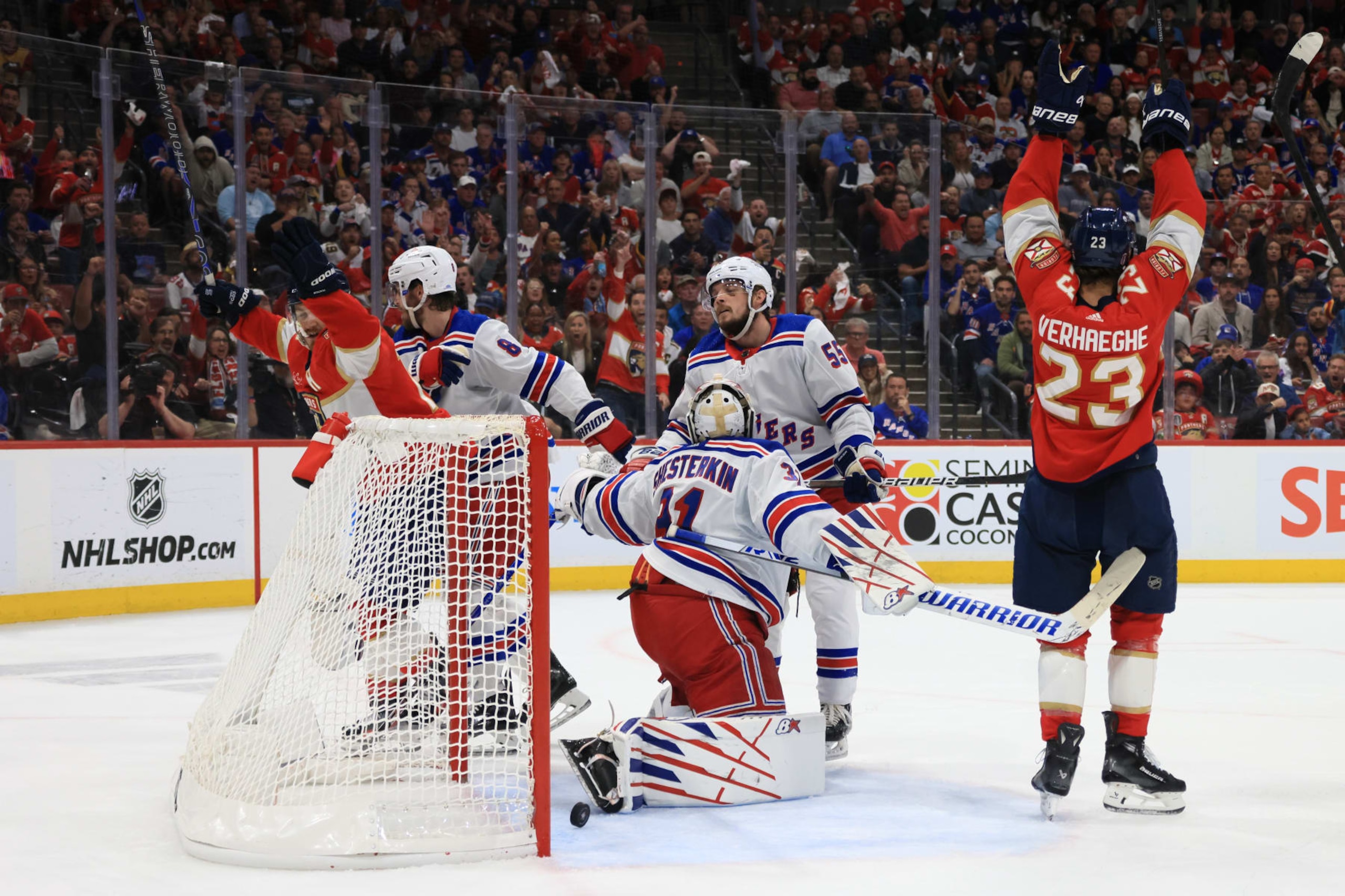 SUNRISE, FLORIDA - MAY 28:  Carter Verhaeghe #23 of the Florida Panthers celebrates after scoring a goal past Igor Shesterkin #31 of the New York Rangers during the second period in Game Four of the Eastern Conference Final of the 2024 Stanley Cup Playoffs at Amerant Bank Arena on May 28, 2024 in Sunrise, Florida.  (Photo by Bruce Bennett/Getty Images)