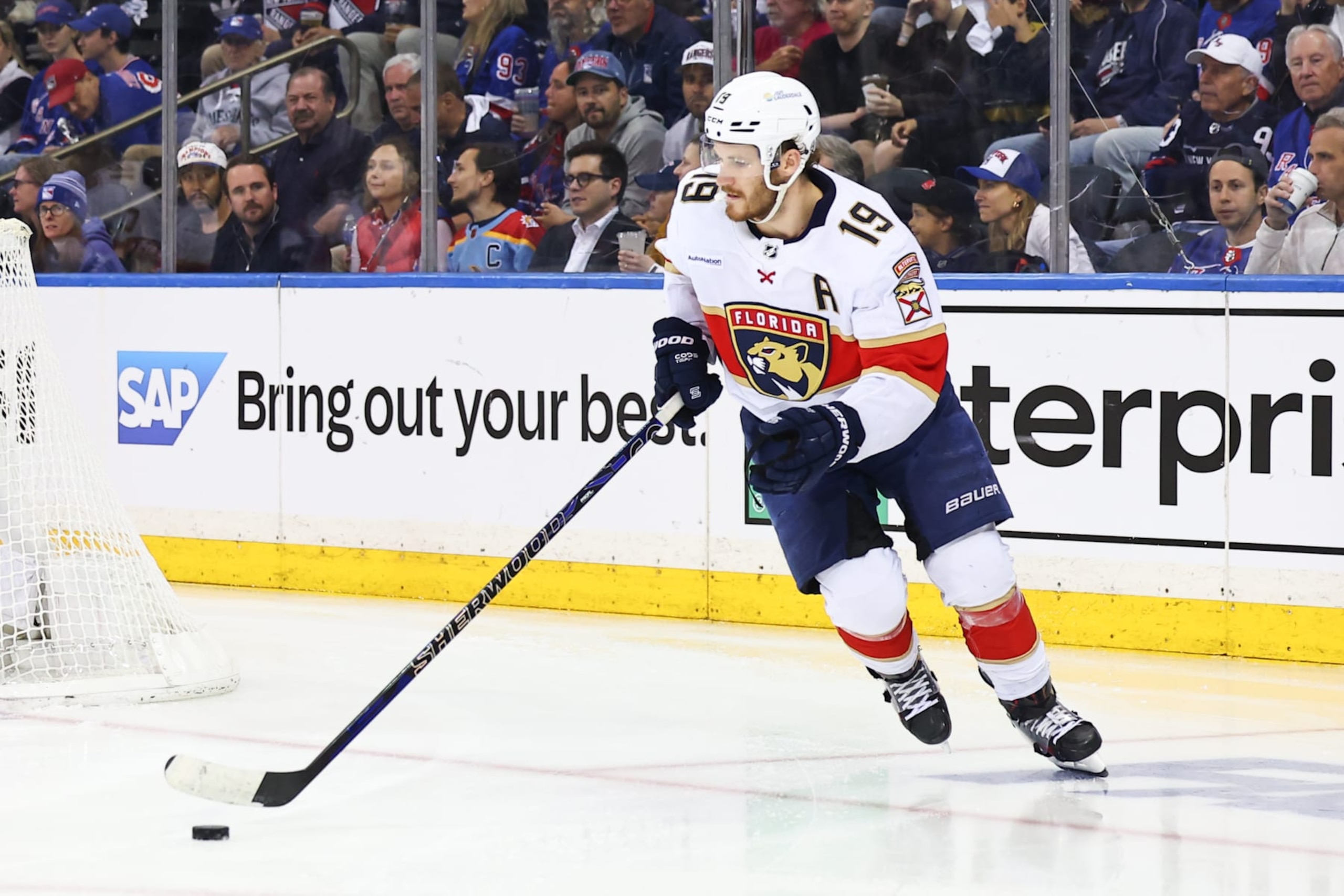 NEW YORK, NY - MAY 30:  Matthew Tkachuk #19 of the Florida Panthers skates during the second period of the National Hockey League Eastern Conference Final game 5 against the New York Rangers on May 30, 2024 at Madison Square Garden in New York.  (Photo by Rich Graessle/Icon Sportswire via Getty Images)