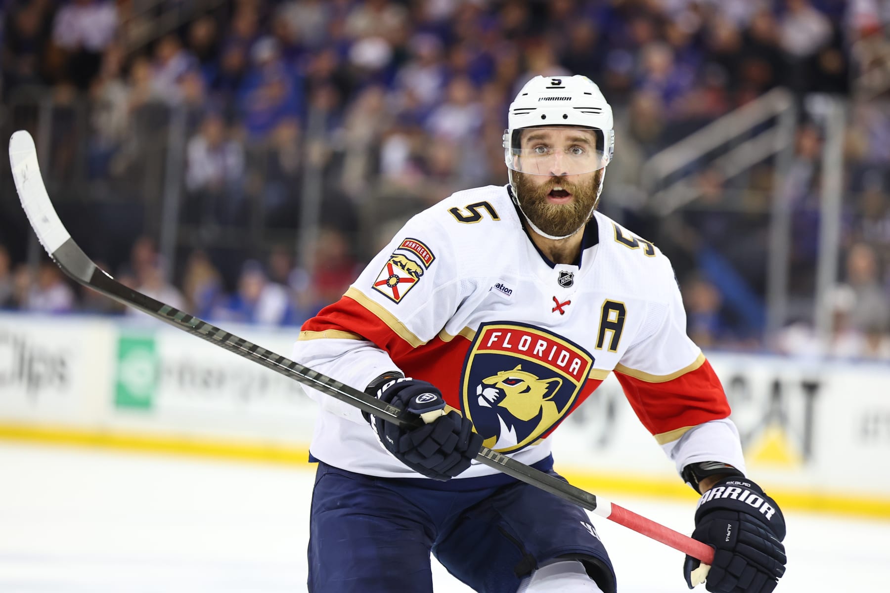 NEW YORK, NY - MAY 30:  Aaron Ekblad #5 of the Florida Panthers skates during the first period of the Eastern Conference Final game 5 against the New York Rangers on May 30, 2024 at Madison Square Garden in New York.  (Photo by Rich Graessle/Icon Sportswire via Getty Images)