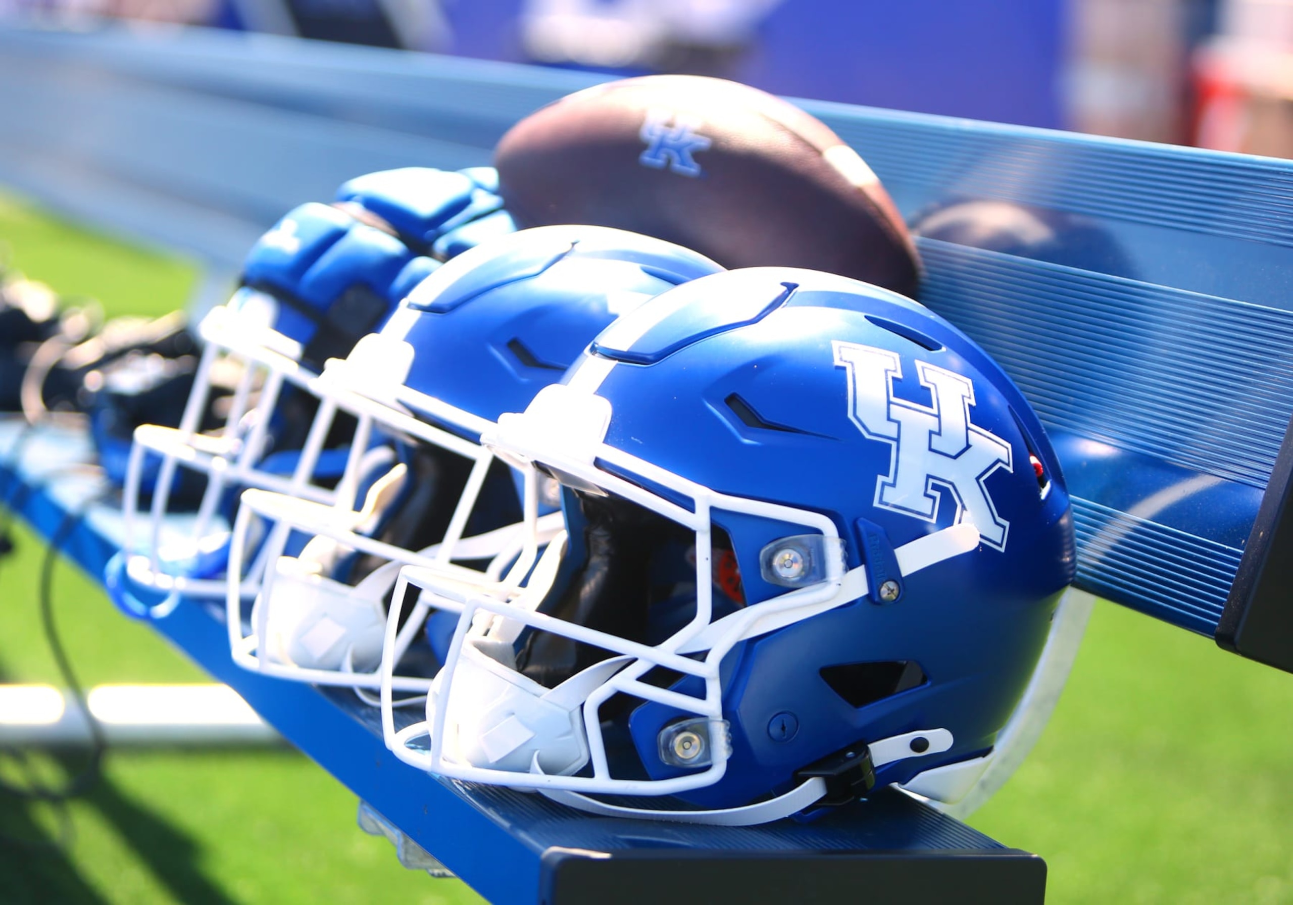 LEXINGTON, KY - APRIL 13: Helmets rest on the bench before the Kentucky Wildcats' 2024 spring game on April 13, 2024, at Kroger Field in Lexington, KY. (Photo by Jeff Moreland/Icon Sportswire via Getty Images)