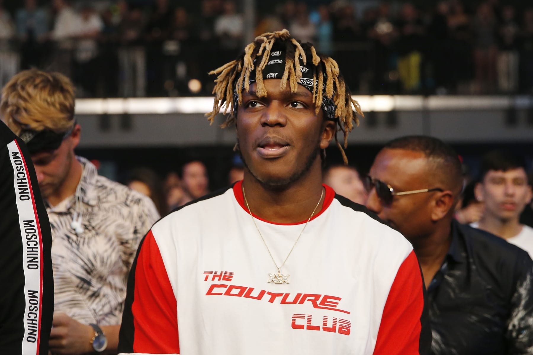 MIAMI, FLORIDA - JANUARY 30:  KSI looks on during the Jake Paul v AnEsonGib fight at Meridian at Island Gardens on January 30, 2020 in Miami, Florida. (Photo by Michael Reaves/Getty Images)