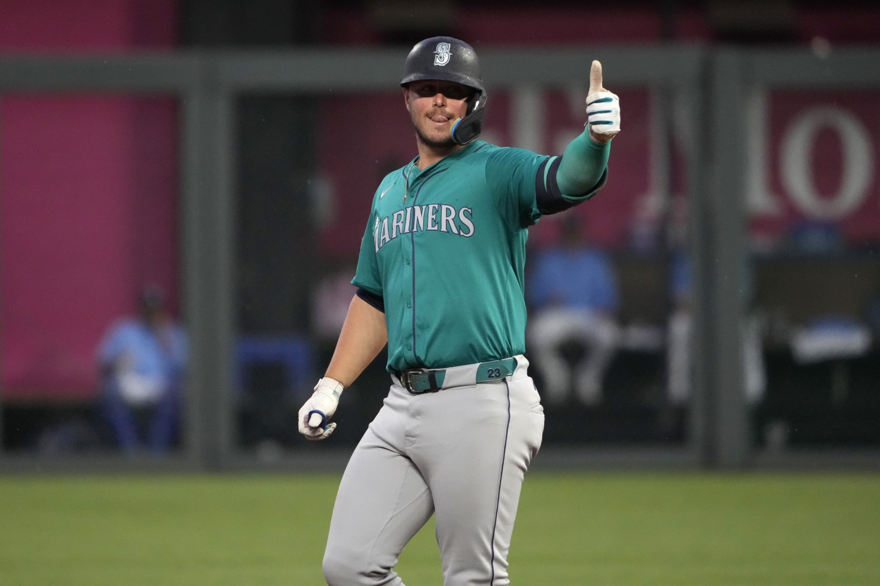 KANSAS CITY, MISSOURI - JUNE 07: Ty France #23 of the Seattle Mariners celebrates a ground-rule double that scored J.P. Crawford in the fourth inning against the Kansas City Royals at Kauffman Stadium on June 07, 2024 in Kansas City, Missouri. (Photo by Ed Zurga/Getty Images)