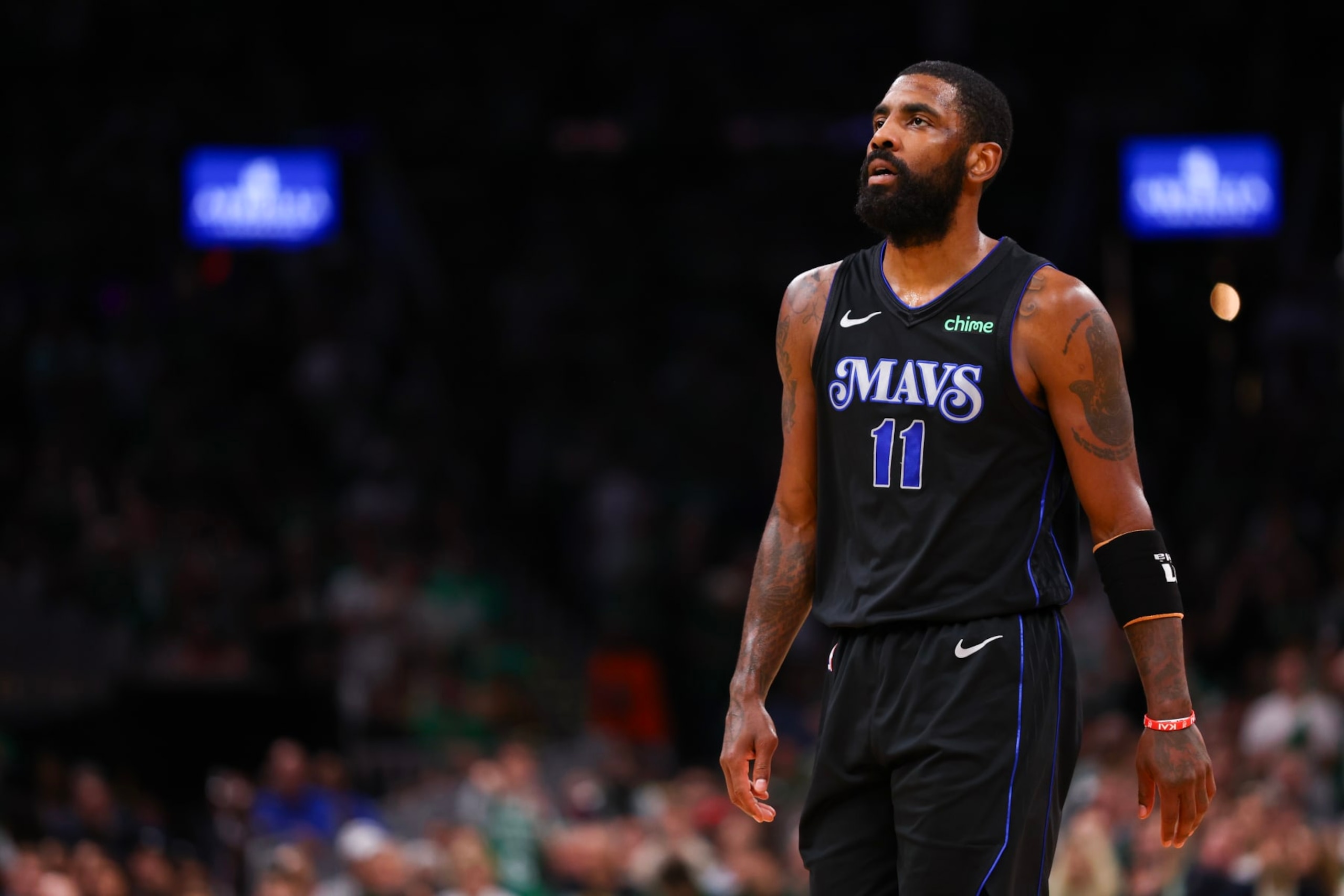 BOSTON, MASSACHUSETTS - JUNE 06: Kyrie Irving #11 of the Dallas Mavericks looks on during the second quarter against the Boston Celtics in Game One of the 2024 NBA Finals at TD Garden on June 06, 2024 in Boston, Massachusetts. NOTE TO USER: User expressly acknowledges and agrees that, by downloading and or using this photograph, User is consenting to the terms and conditions of the Getty Images License Agreement. (Photo by Maddie Meyer/Getty Images)