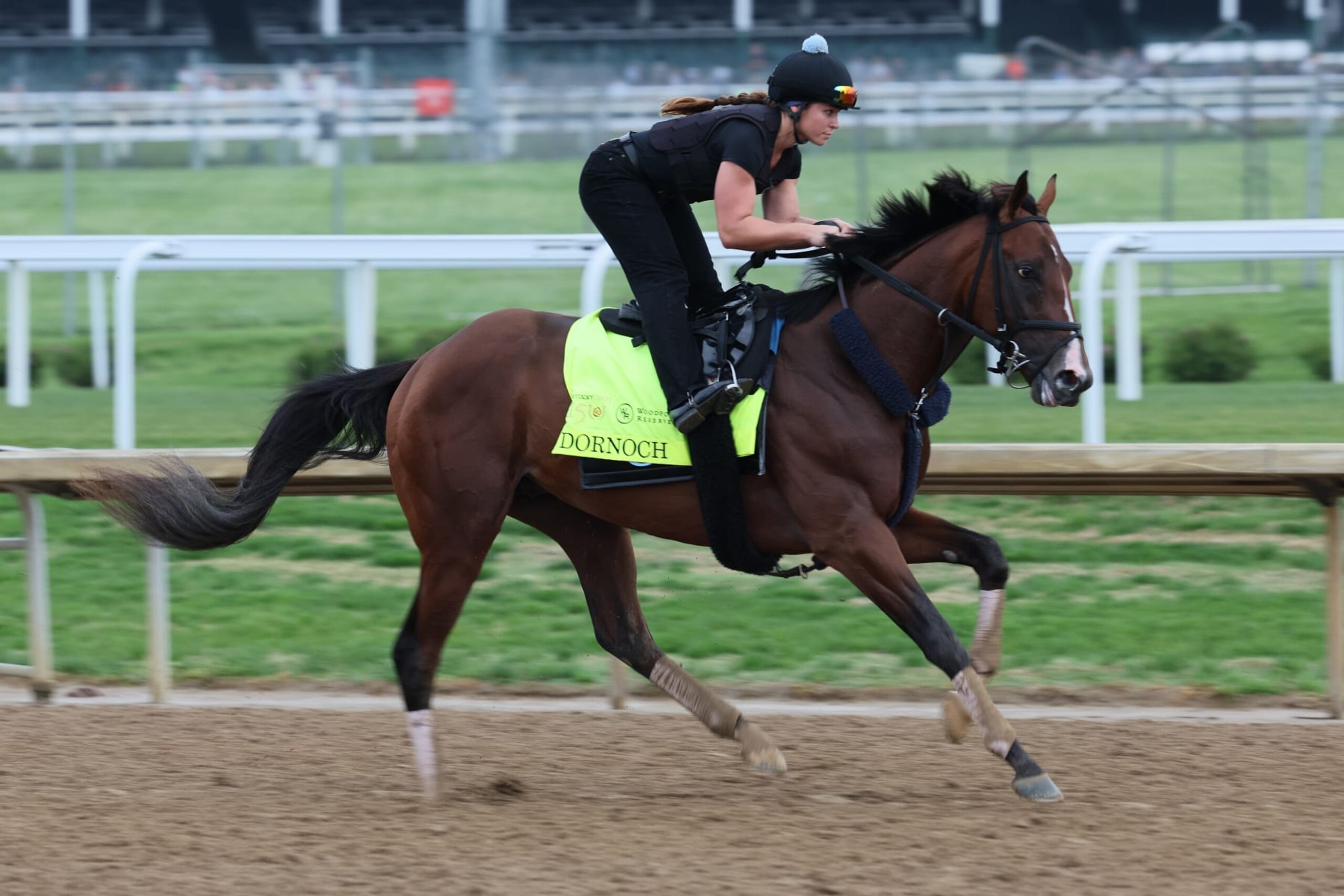 LOUISVILLE, KENTUCKY - APRIL 28: Dornoch runs on the track during the morning training for the Kentucky Derby at Churchill Downs on April 28, 2024 in Louisville, Kentucky. (Photo by Andy Lyons/Getty Images) LOUISVILLE, KENTUCKY - APRIL 28: Dornoch runs on the track during the morning training for the Kentucky Derby at Churchill Downs on April 28, 2024 in Louisville, Kentucky. (Photo by Andy Lyons/Getty Images)
