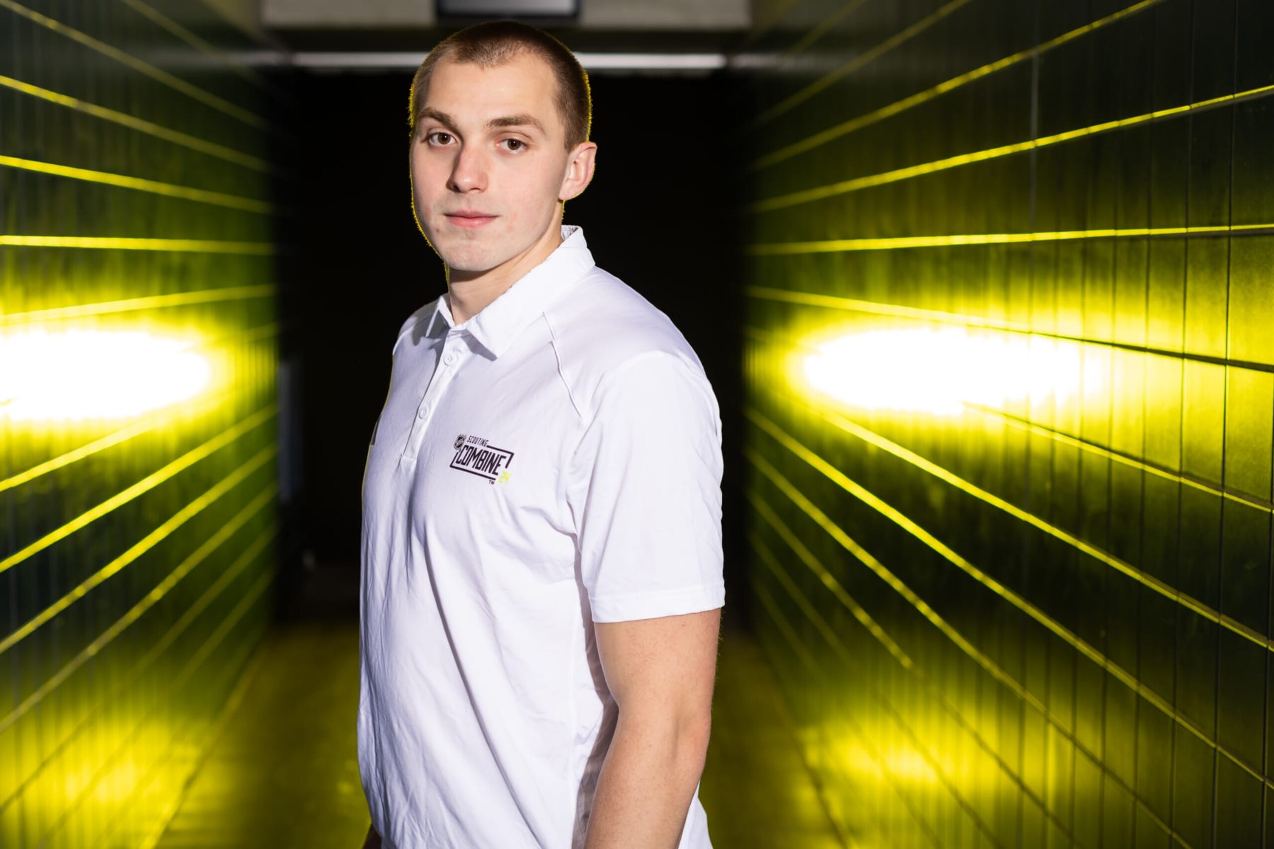 BUFFALO, NEW YORK - JUNE 05: Artyom Levshunov poses for a portrait during the 2024 NHL Scouting Combine at the HarborCenter on June 05, 2024 in Buffalo, New York. (Photo by Chase Agnello-Dean/NHLI via Getty Images)