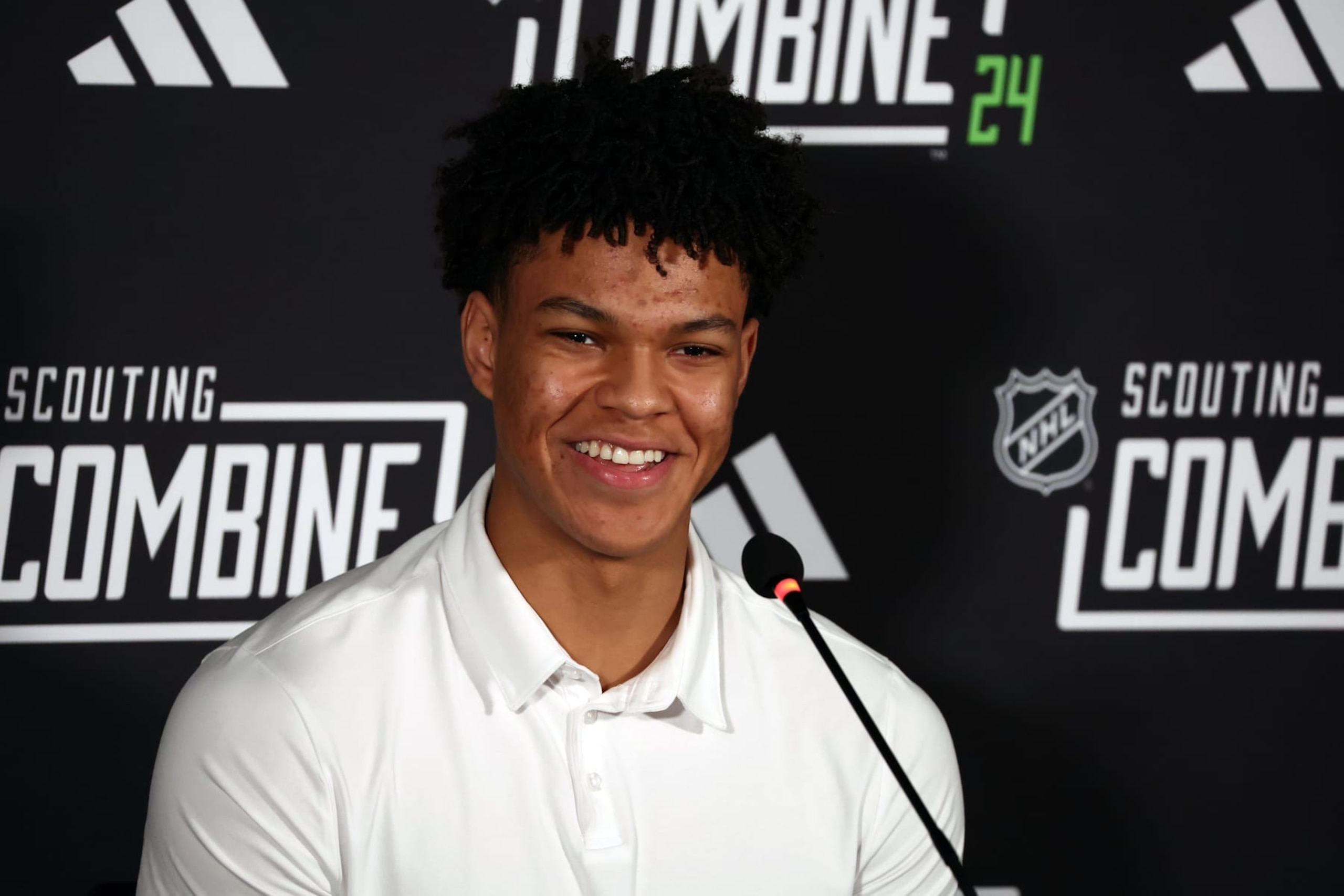BUFFALO, NEW YORK - JUNE 7: Cayden Lindstrom speaks at the Top Prospects Media Availability during the NHL Combine at LECOM Harborcenter on June 7, 2024 in Buffalo, New York. (Photo by Jeffrey T. Barnes/NHLI via Getty Images)