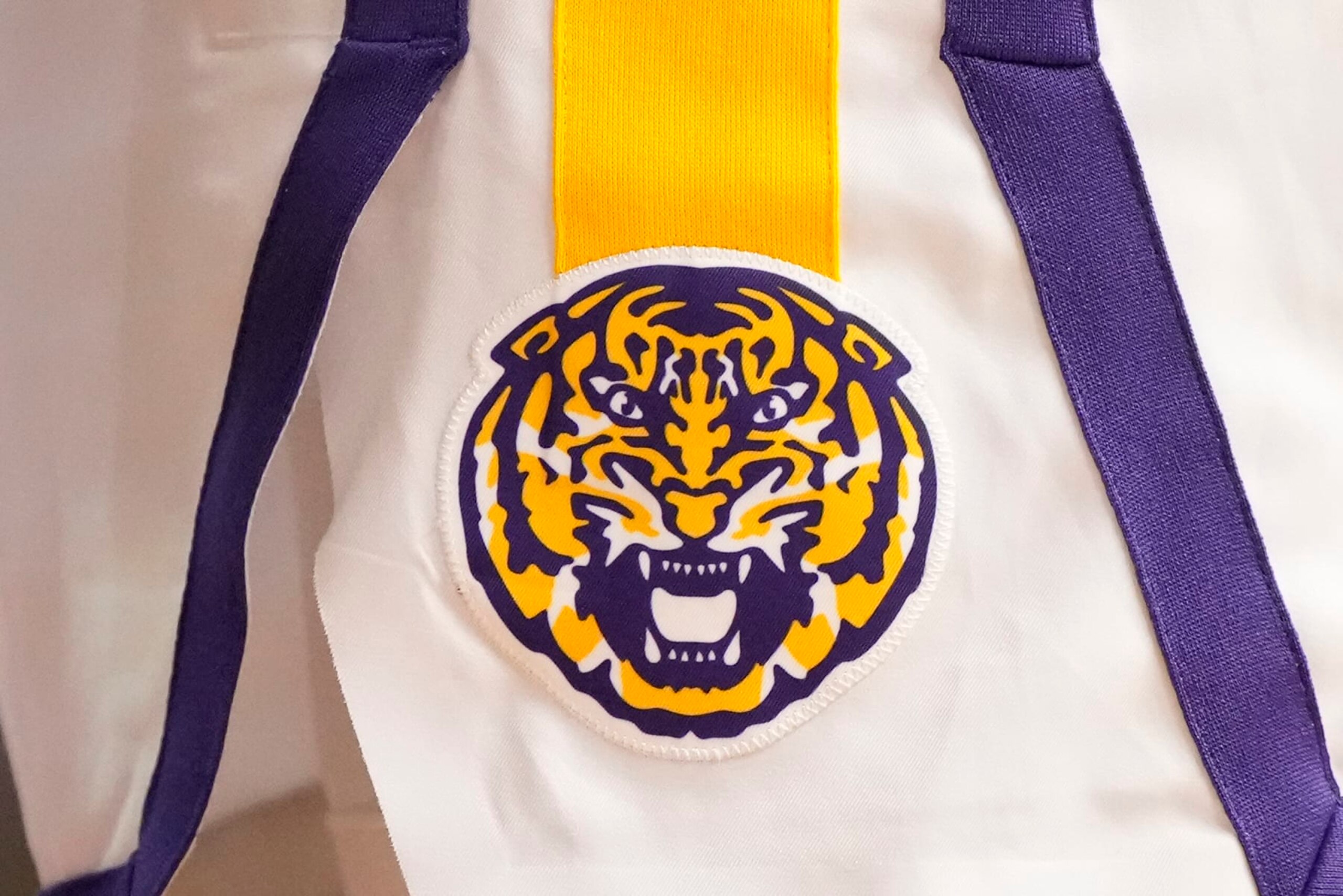 CHARLESTON, SC - NOVEMBER 16:  The LSU Tigers logo on a pair of shorts during day one of the Shriners Children's Charleston Classic college basketball game against the Dayton Flyers at the TD Arena on November 16, 2023 in Charleston, South Carolina.  (Photo by Mitchell Layton/Getty Images) *** Local Caption ***