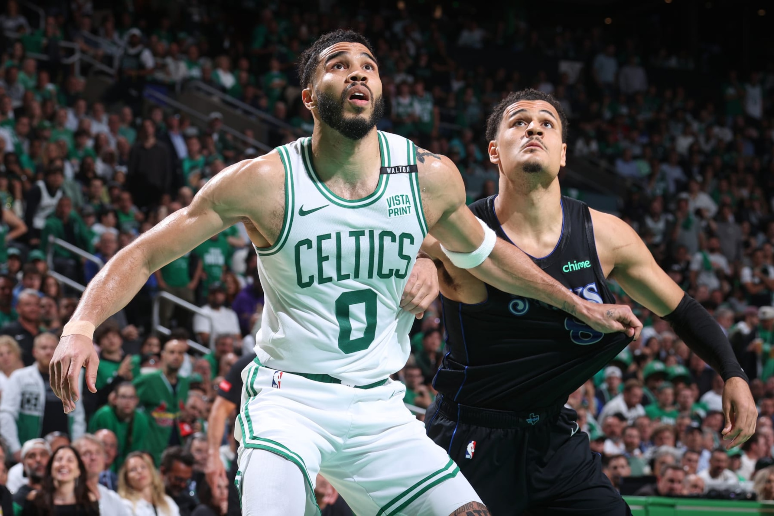 BOSTON, MA - JUNE 6: Jayson Tatum #0 of the Boston Celtics boxes out during the game against the Dallas Mavericks during Game 1 of the 2024 NBA Finals on June 6, 2024 at the TD Garden in Boston, Massachusetts. NOTE TO USER: User expressly acknowledges and agrees that, by downloading and or using this photograph, User is consenting to the terms and conditions of the Getty Images License Agreement. Mandatory Copyright Notice: Copyright 2024 NBAE  (Photo by Nathaniel S. Butler/NBAE via Getty Images)