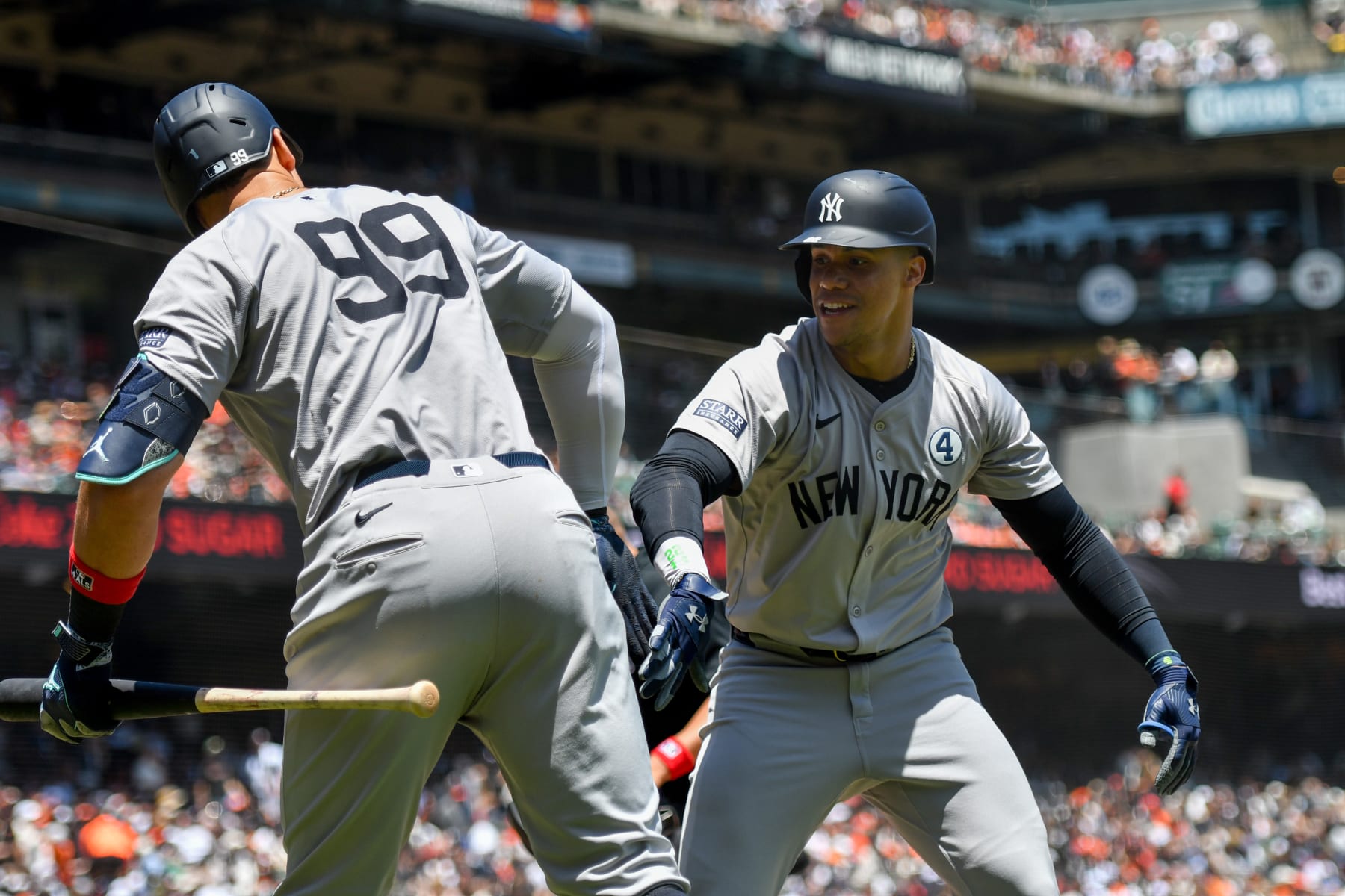 SAN FRANCISCO, CALIFORNIA - JUNE 2: Juan Soto #22 of the New York Yankees celebrates with Aaron Judge #99 after hitting a home run in the first inning at Oracle Park on June 2, 2024 in San Francisco, California. (Photo by Brandon Vallance/Getty Images)