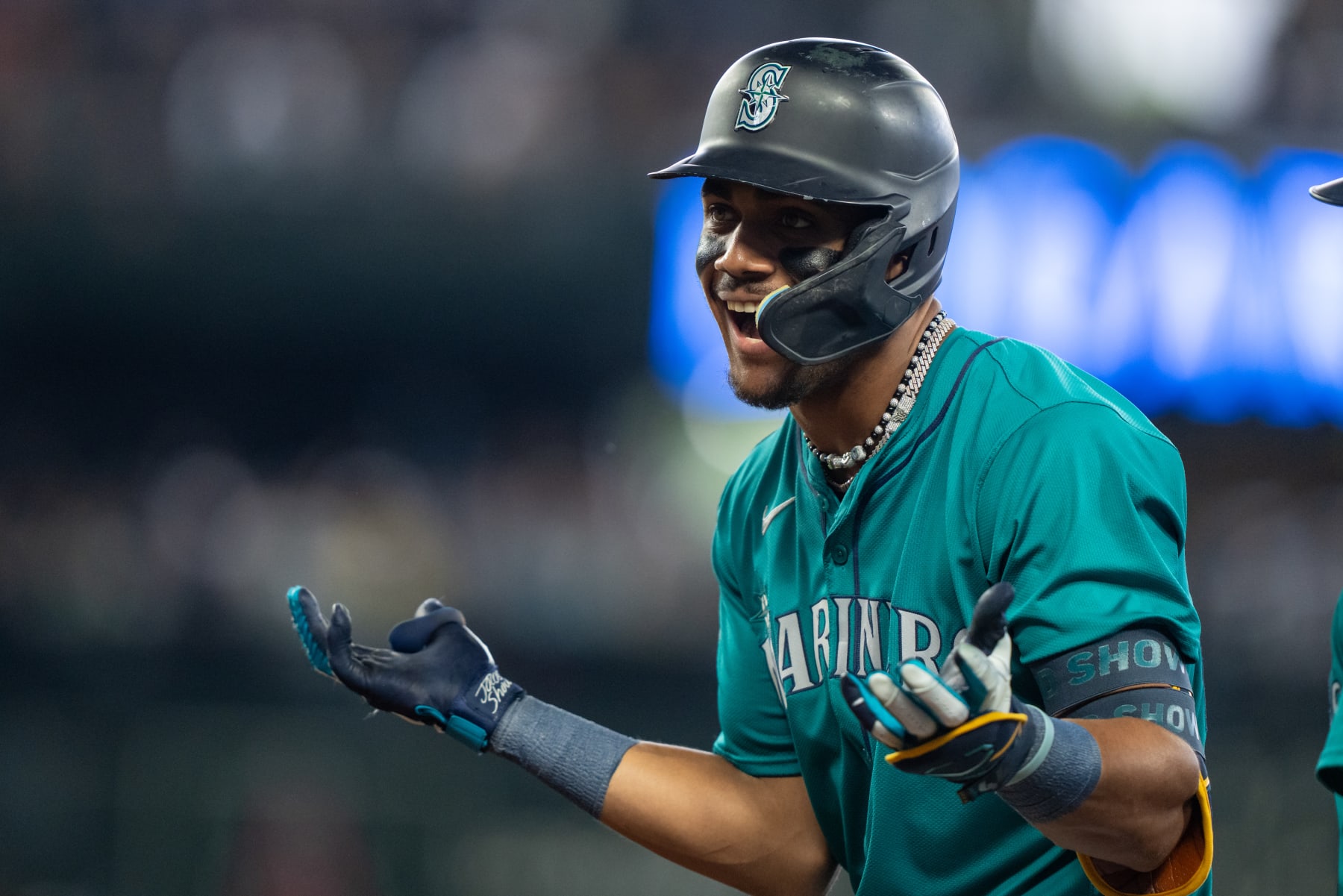 SEATTLE, WA - JUNE 01: Julio Rodriguez #44 of the Seattle Mariners celebrates at first base after getting a hit during a game against the Los Angeles Angels at T-Mobile Park on June 1, 2024 in Seattle, Washington. The Mariners won 9-0. (Photo by Stephen Brashear/Getty Images)