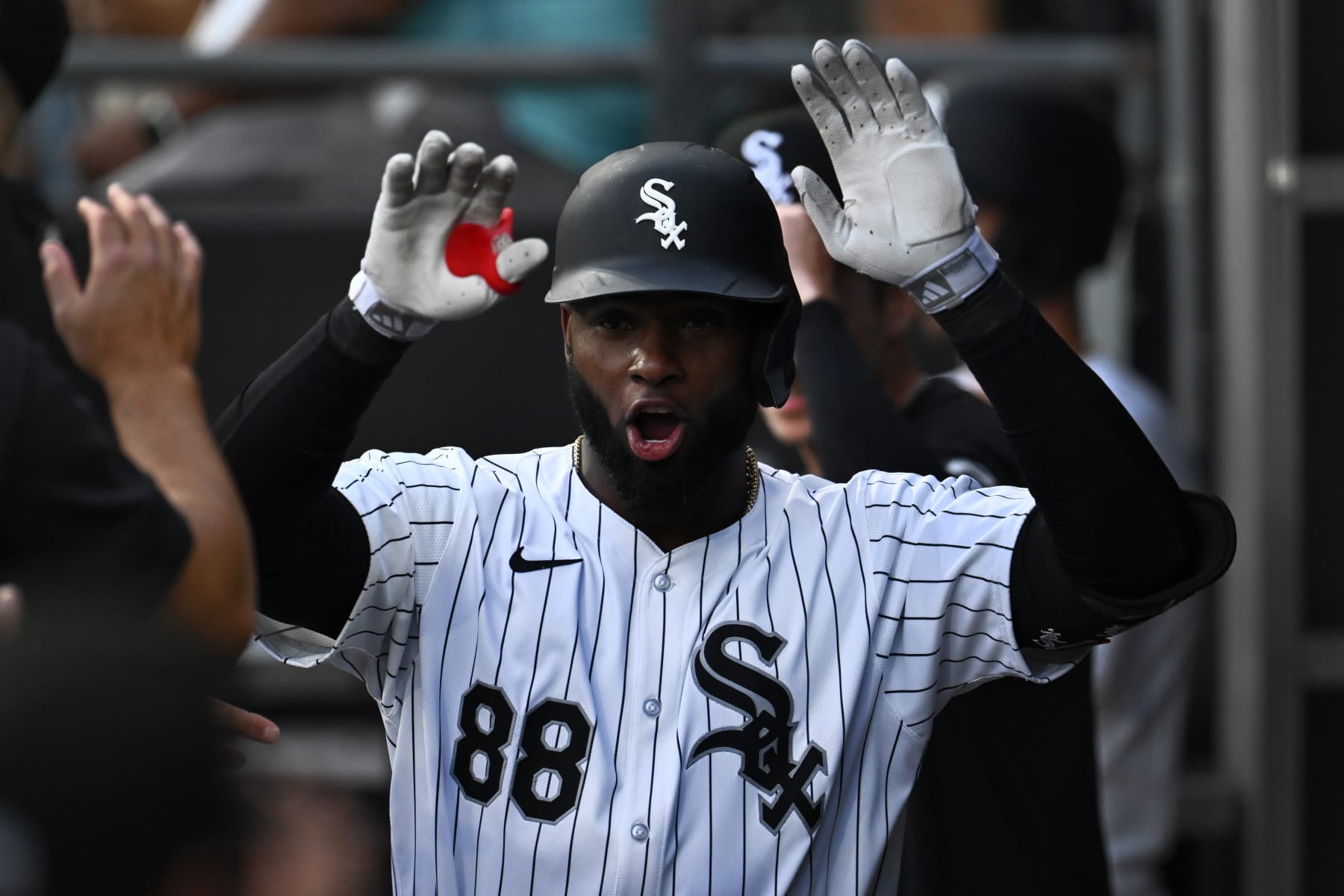 CHICAGO, ILLINOIS - JUNE 07: Luis Robert Jr. #88 of the Chicago White Sox reacts after a home run in the first inning off Cooper Criswell of the Boston Red Sox at Guaranteed Rate Field on June 07, 2024 in Chicago, Illinois. (Photo by Quinn Harris/Getty Images)