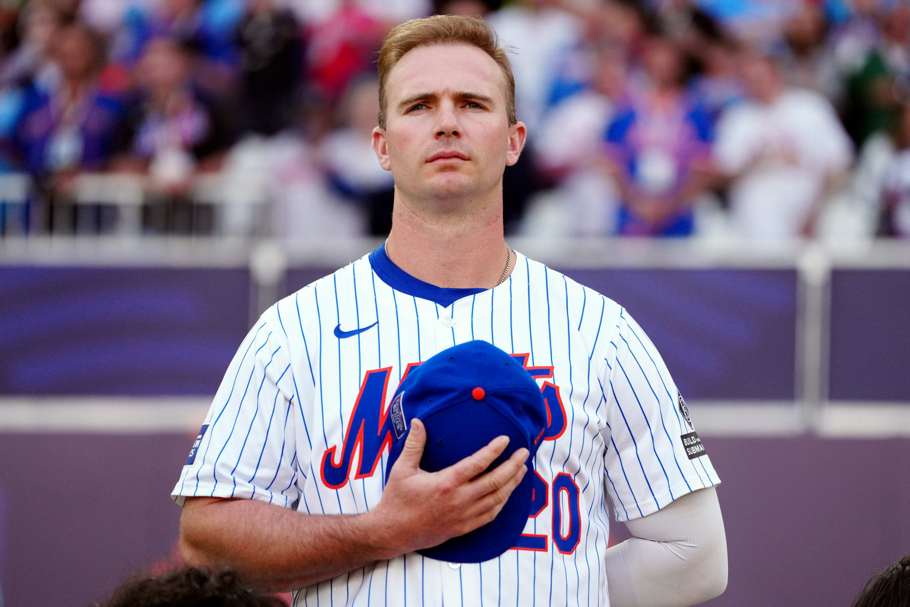 LONDON, ENGLAND - JUNE 08:  Pete Alonso #20 of the New York Mets looks on during the singing of the nationaal anthem prior to the 2024 London Series game between the Philadelphia Phillies and the New York Mets at London Stadium on Saturday, June 8, 2024 in London, England. (Photo by Mary DeCicco/MLB Photos via Getty Images)