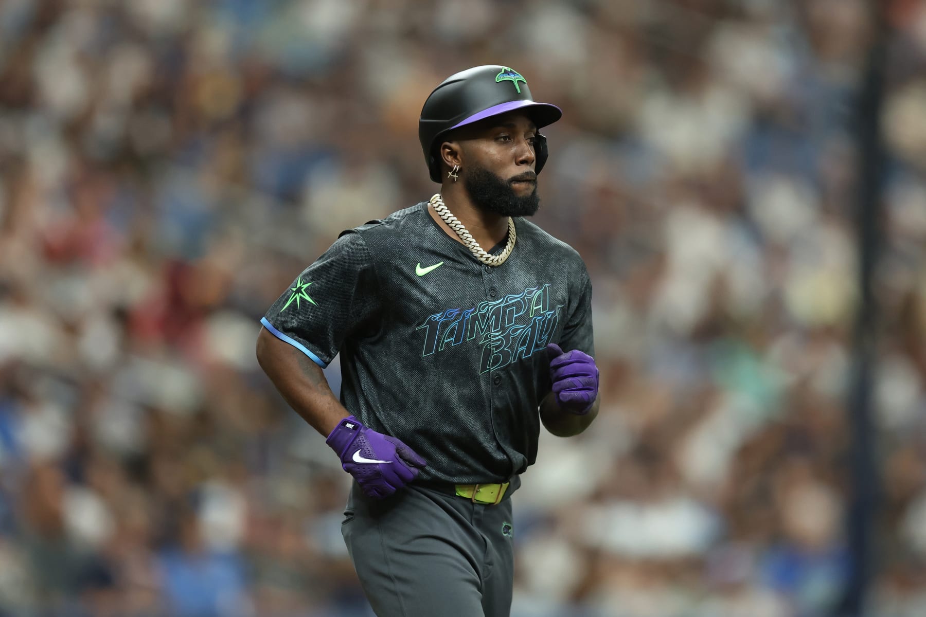 TAMPA, FL - MAY 11: Randy Arozarena #56 of the Tampa Bay Rays looks on during the game between the New York Yankees and the Tampa Bay Rays at Tropicana Field on Saturday, May 11, 2024 in Tampa, Florida. (Photo by Mike Carlson/MLB Photos via Getty Images)