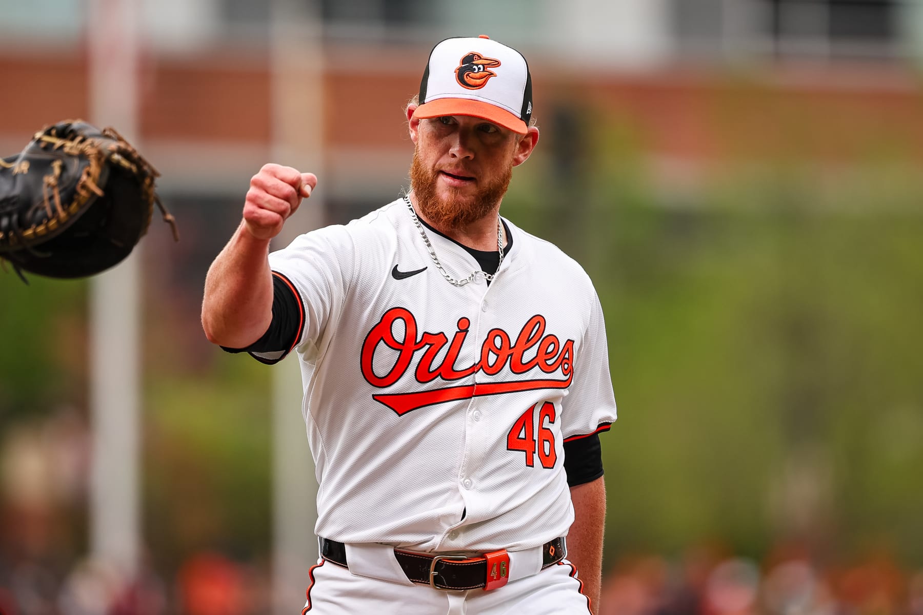BALTIMORE, MD - APRIL 17: Craig Kimbrel #46 of the Baltimore Orioles reacts after pitching against the Minnesota Twins during the ninth inning at Oriole Park at Camden Yards on April 17, 2024 in Baltimore, Maryland. (Photo by Scott Taetsch/Getty Images)