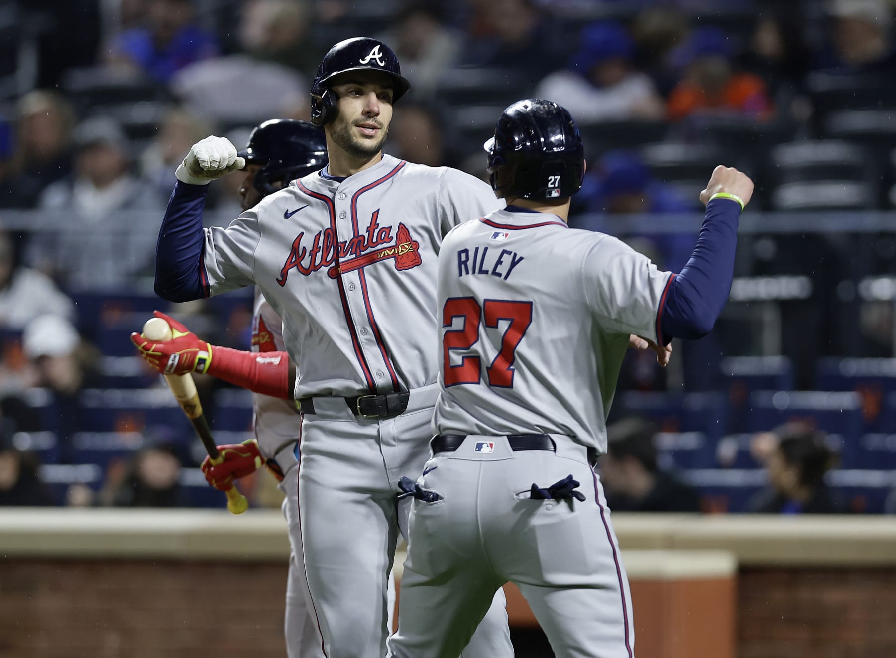 NEW YORK, NEW YORK - MAY 10:  Matt Olson #28 of the Atlanta Braves celebrates his third inning two-run home run against the New York Mets with teammate Austin Riley #27 at Citi Field on May 10, 2024 in New York City. (Photo by Jim McIsaac/Getty Images)