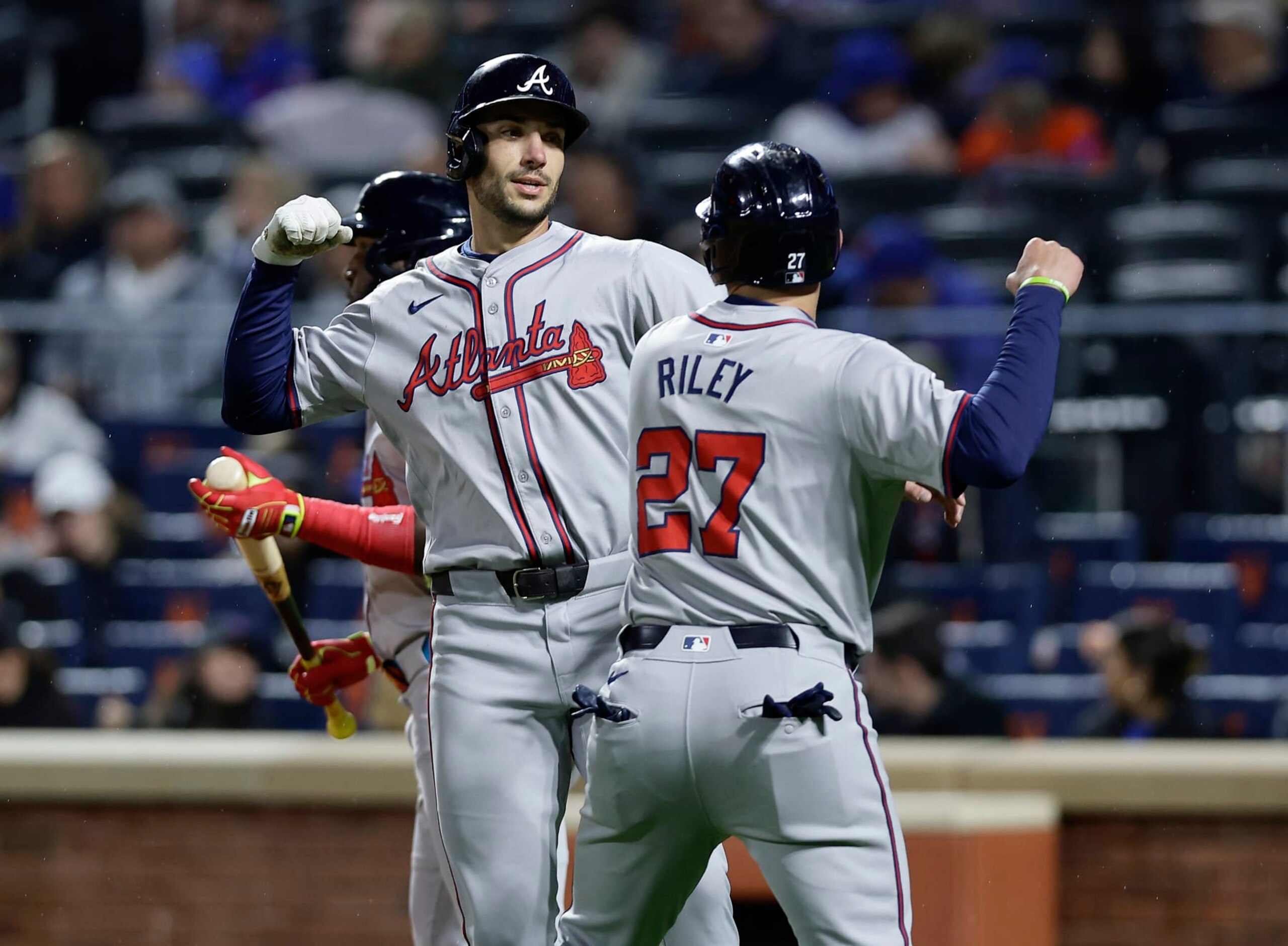 NEW YORK, NEW YORK - MAY 10:  Matt Olson #28 of the Atlanta Braves celebrates his third inning two-run home run against the New York Mets with teammate Austin Riley #27 at Citi Field on May 10, 2024 in New York City. (Photo by Jim McIsaac/Getty Images)
