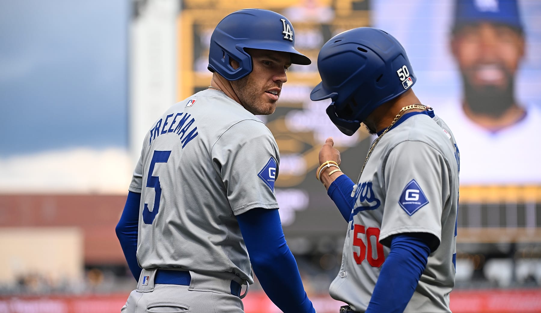 PITTSBURGH, PENNSYLVANIA - JUNE 6: Freddie Freeman #5 of the Los Angeles Dodgers celebrates with Mookie Betts #50 after hitting a three-run home run in the first inning during the game against the Pittsburgh Pirates at PNC Park on June 6, 2024 in Pittsburgh, Pennsylvania. (Photo by Justin Berl/Getty Images)