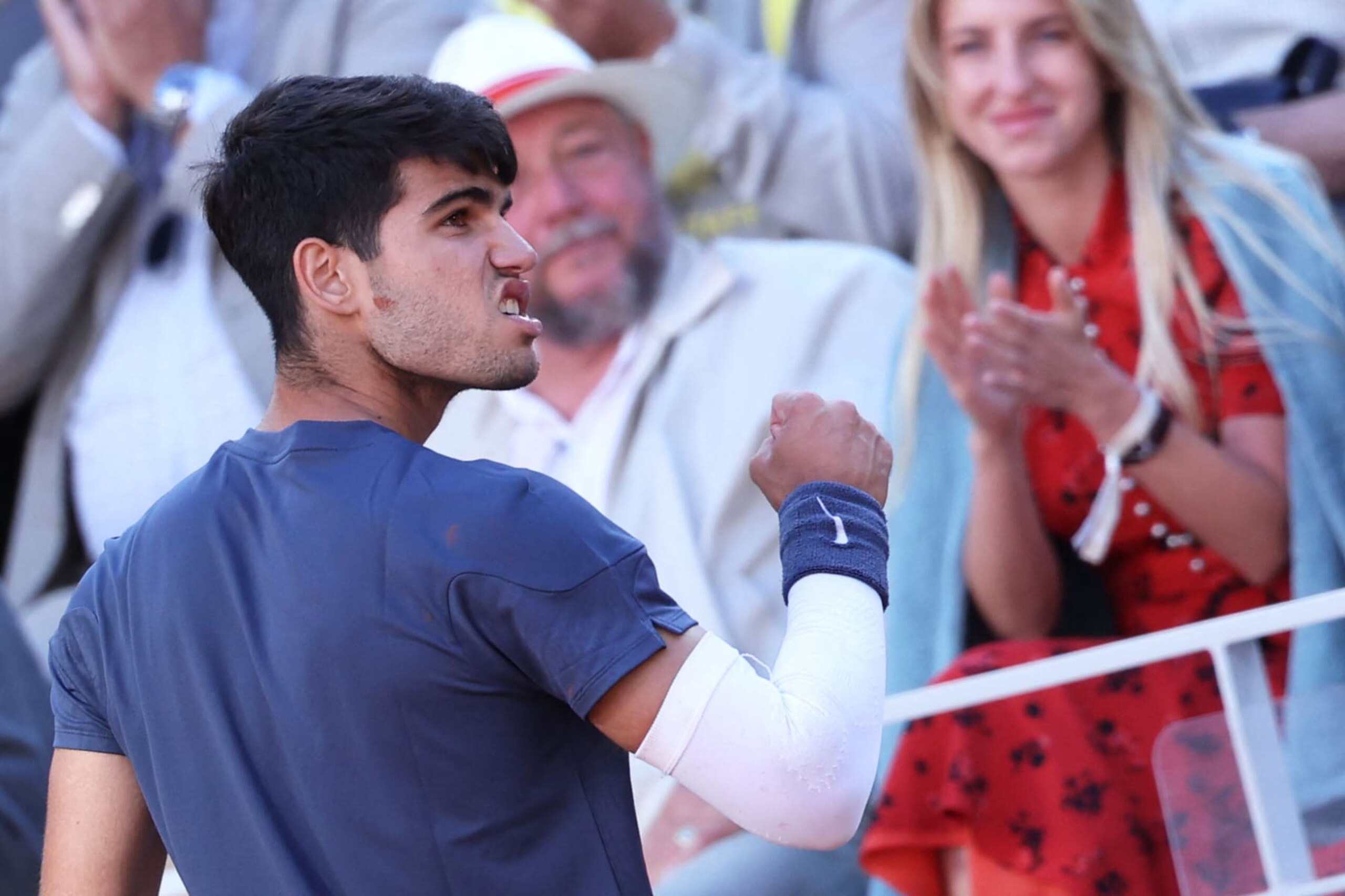 Spain's Carlos Alcaraz reacts after a point during his men's singles final match against Germany's Alexander Zverev on Court Philippe-Chatrier on day fifteen of the French Open tennis tournament at the Roland Garros Complex in Paris on June 9, 2024. (Photo by ALAIN JOCARD / AFP) (Photo by ALAIN JOCARD/AFP via Getty Images)
