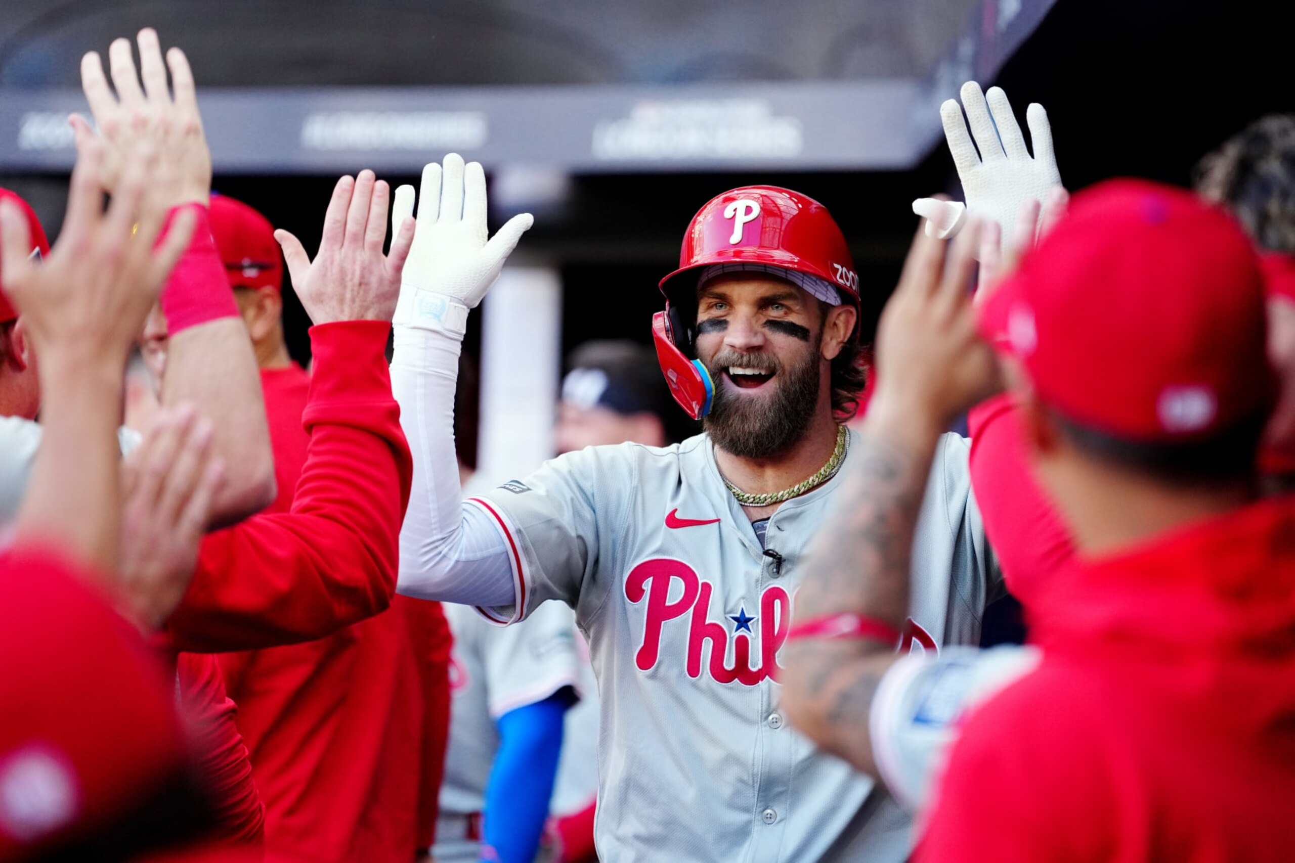 LONDON, ENGLAND - JUNE 08: Bryce Harper #3 of the Philadelphia Phillies celebrates in the dugout after hitting a solo home run in the fourth inning during the 2024 London Series game between the Philadelphia Phillies and the New York Mets at London Stadium on Saturday, June 8, 2024 in London, England. (Photo by Mary DeCicco/MLB Photos via Getty Images) LONDON, ENGLAND - JUNE 08: Bryce Harper #3 of the Philadelphia Phillies celebrates in the dugout after hitting a solo home run in the fourth inning during the 2024 London Series game between the Philadelphia Phillies and the New York Mets at London Stadium on Saturday, June 8, 2024 in London, England. (Photo by Mary DeCicco/MLB Photos via Getty Images)