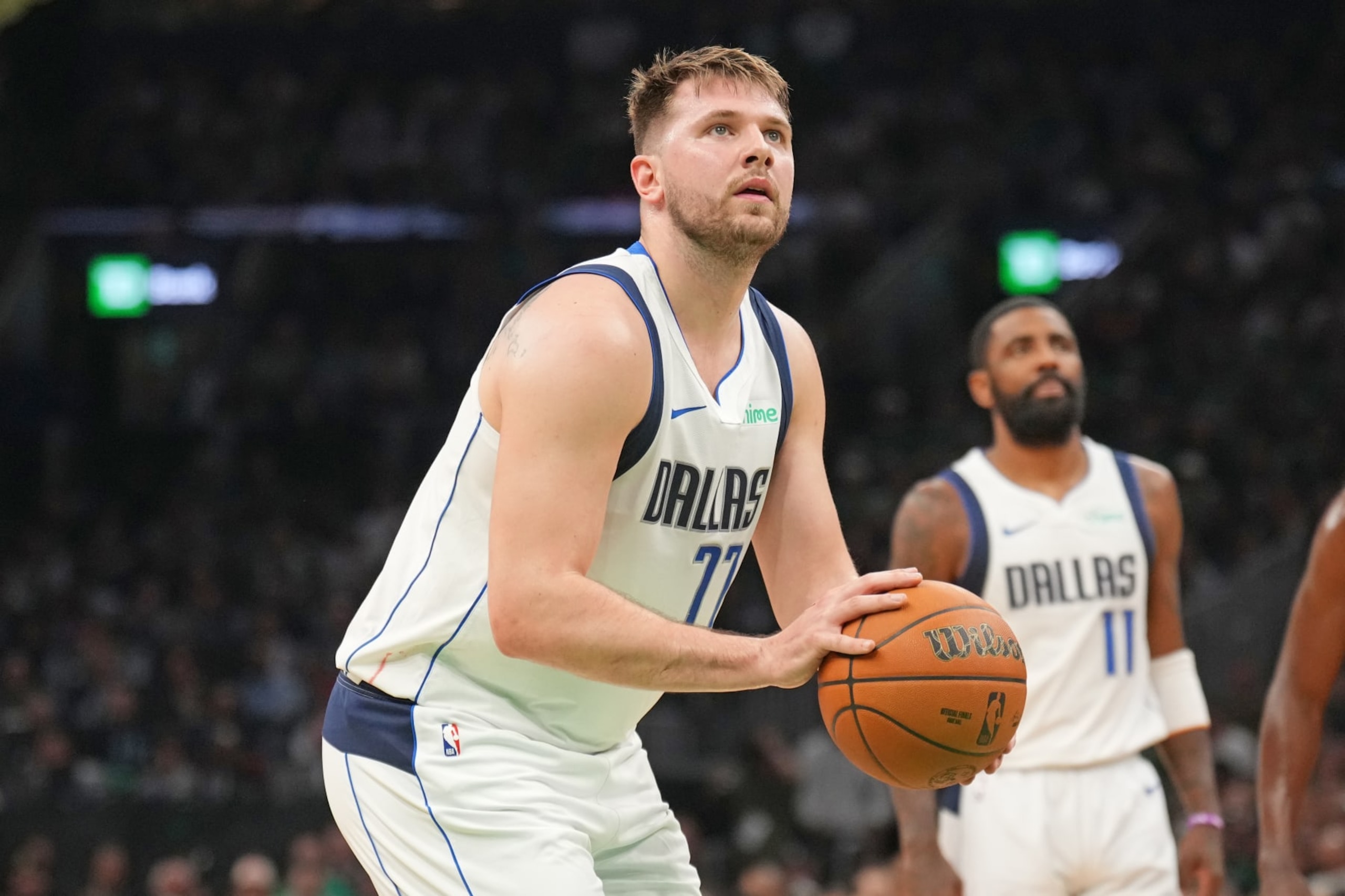 BOSTON, MA - JUNE 9: Luka Doncic #77 of the Dallas Mavericks shoots a free throw during the game against the Boston Celtics during Game 2 of the 2024 NBA Finals on June 9, 2024 at the TD Garden in Boston, Massachusetts. NOTE TO USER: User expressly acknowledges and agrees that, by downloading and or using this photograph, User is consenting to the terms and conditions of the Getty Images License Agreement. Mandatory Copyright Notice: Copyright 2024 NBAE  (Photo by Jesse D. Garrabrant/NBAE via Getty Images)