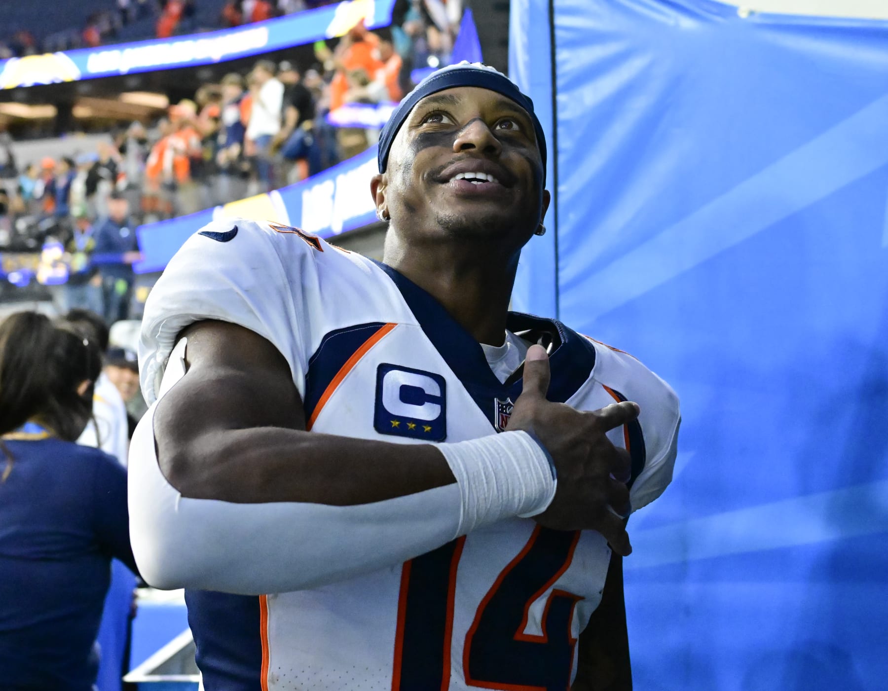 INGLEWOOD, CA - DECEMBER 10: Denver Broncos wide receiver Courtland Sutton (14) laying the field after defeating the Los Angeles Chargers at SoFi Stadium in Inglewood, California Sunday December 10, 2023. (Photo by Andy Cross/MediaNews Group/The Denver Post via Getty Images)